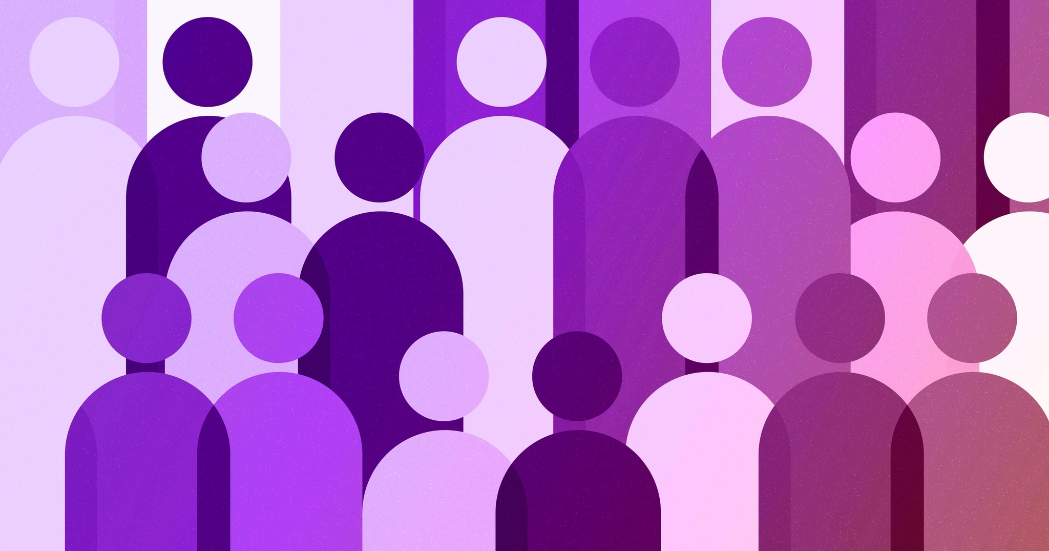 Silhouettes of people in different shades of purple, pink, and white