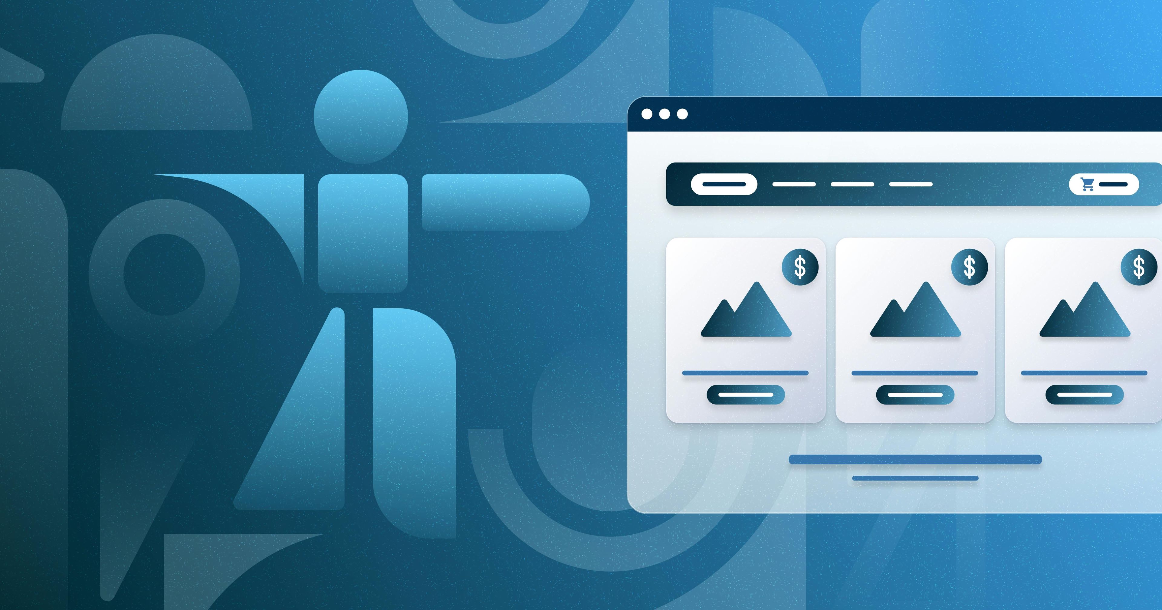 A blue accessibility symbol made out of different shapes, next to a stylized image of an e-commerce website with products for sale.