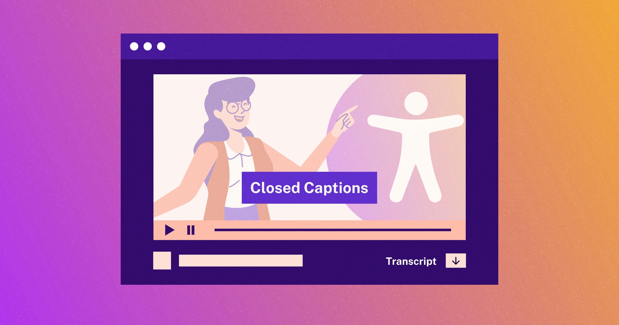 Video player showing an image of a woman pointing to an accessibility icon. 'Closed Captions' is written across the bottom of the screen.