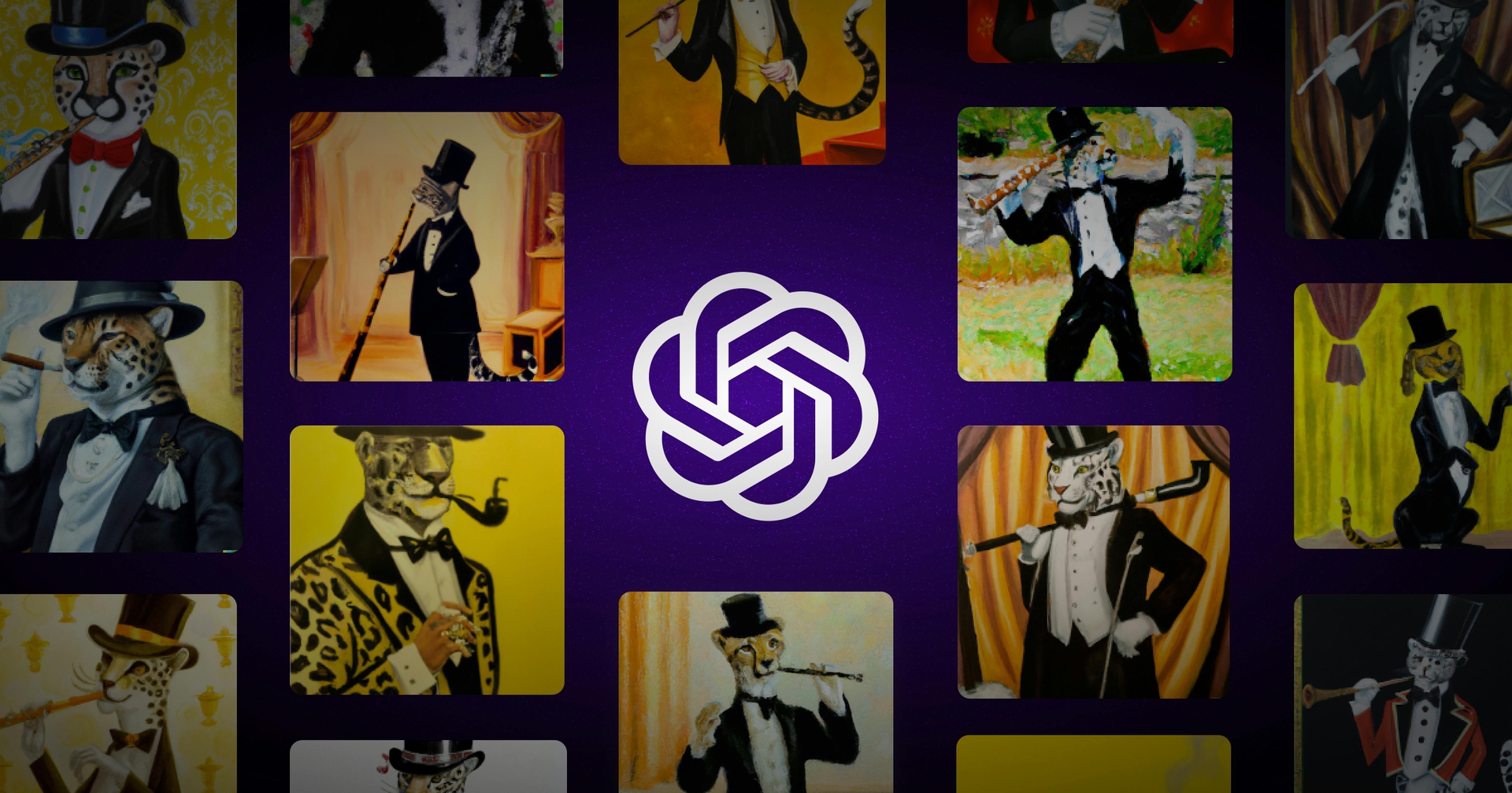 The logo for OpenAI surrounded by a variety of paintings that show leopards dressed in tuxedos.