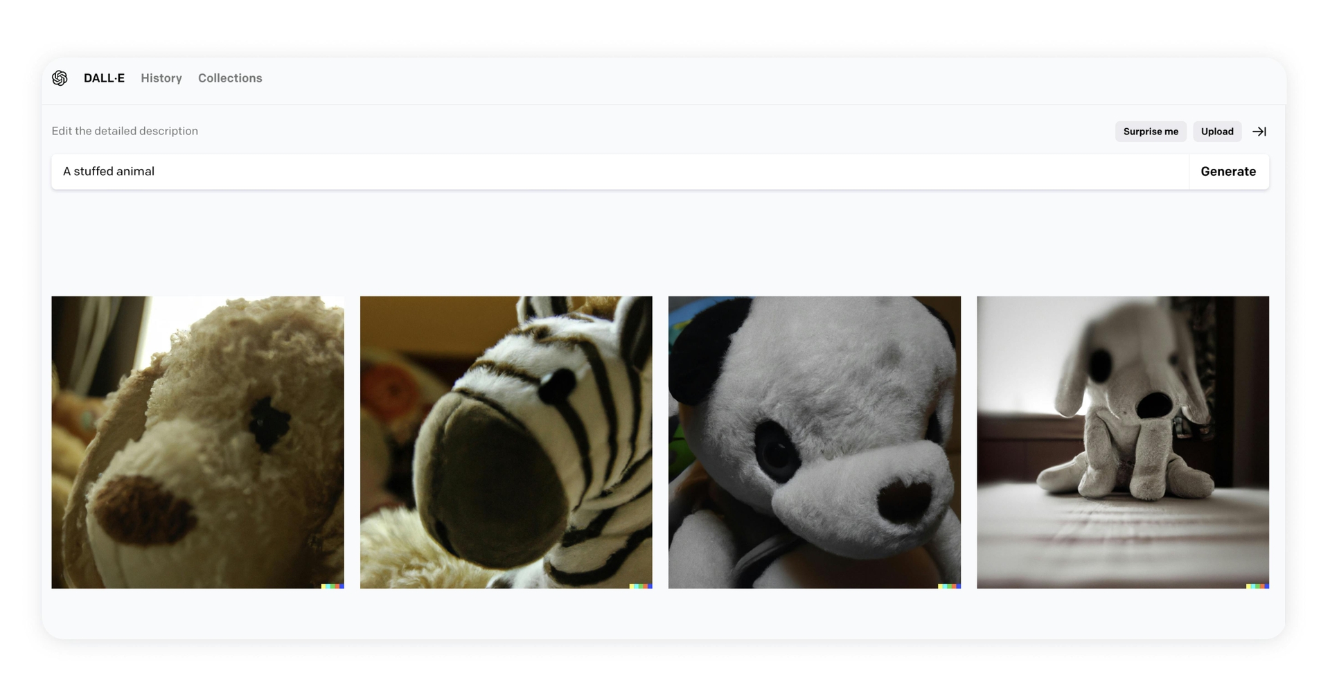 A series of images of stuffed animals under a search field with the phrase "A stuffed animal." Each of the animals is different, including a dog, a zebra, and a bear.