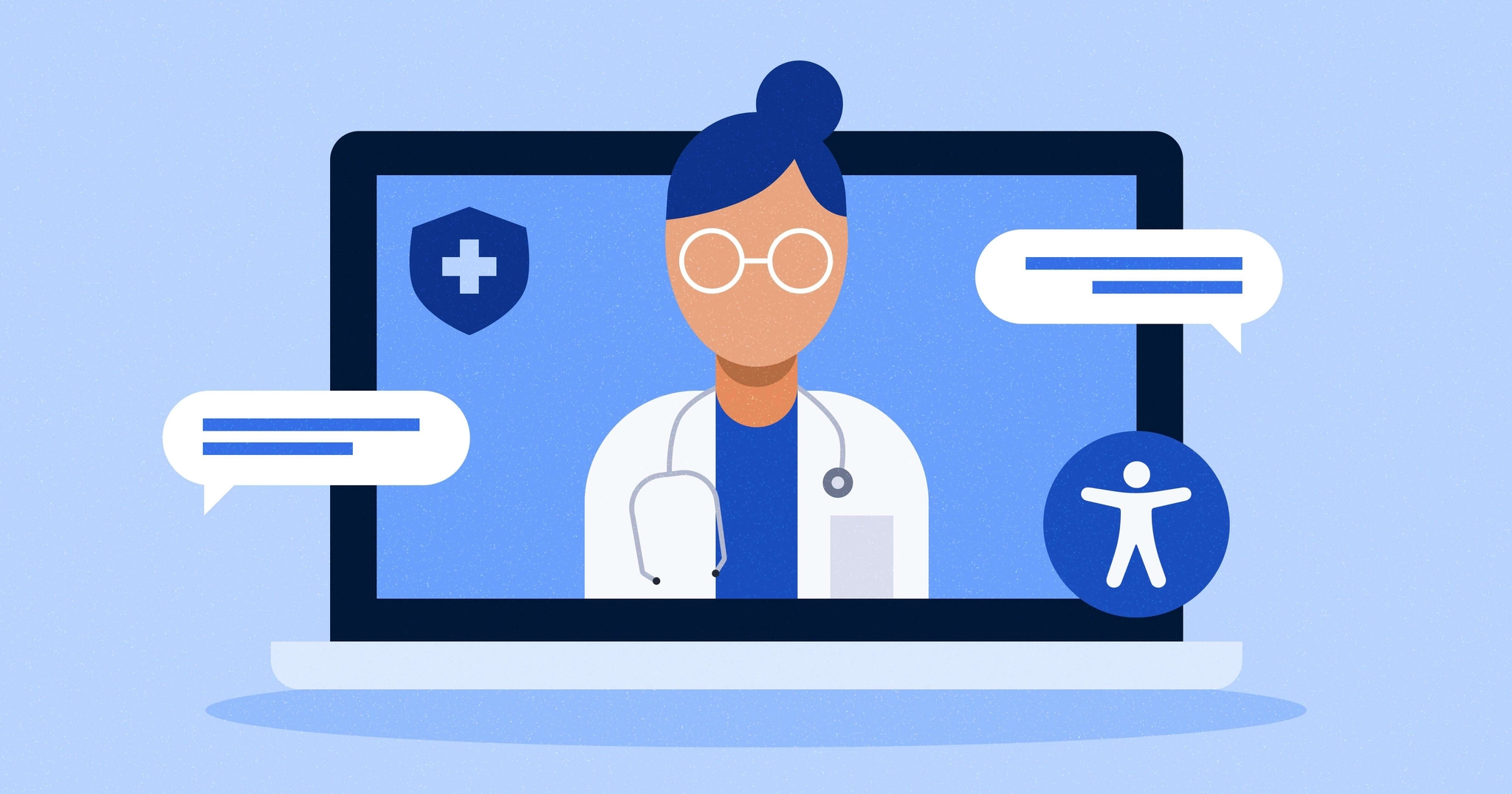 Laptop screen with the image of a woman doctor; the healthcare symbol is in the upper left-hand corner and the accessibility icon is in the bottom right-hand corner.