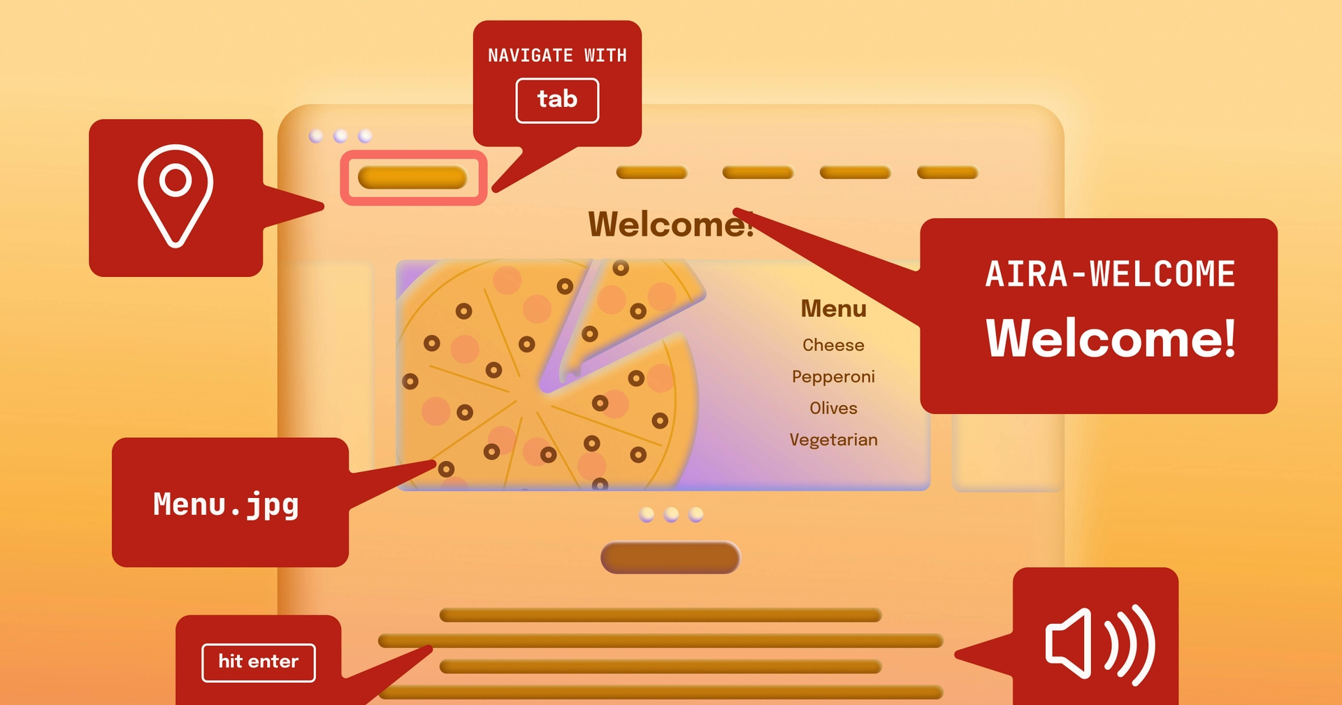 A stylized website for a restaurant that has a number of common accessibility errors, like poor alt text descriptions.