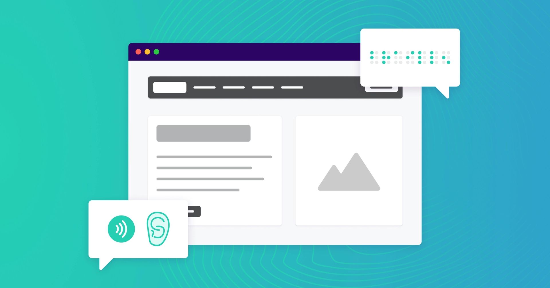 Webpage with a message in braille in a word bubble, and another message bubble with a sound icon and an ear icon.