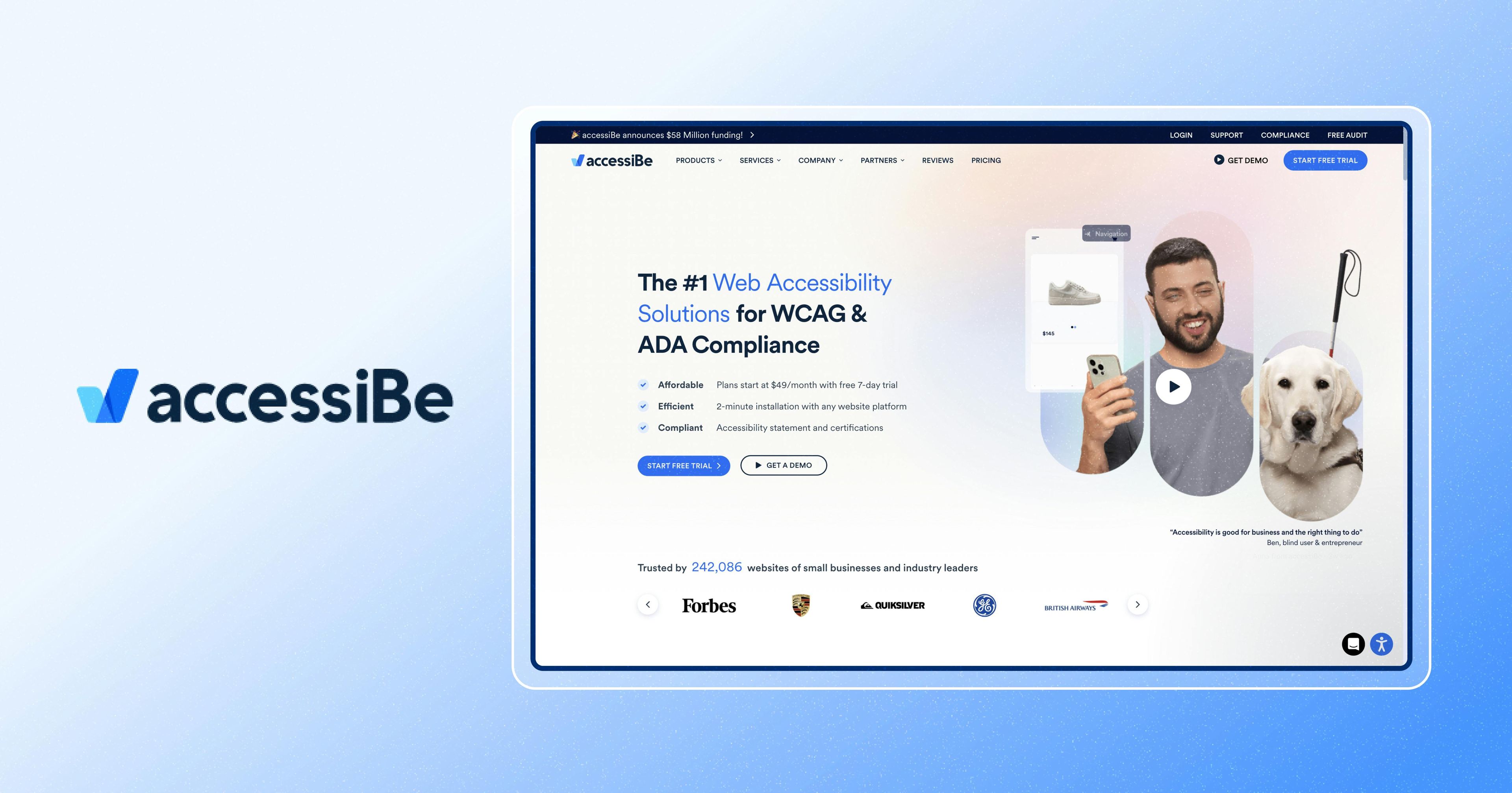 Screenshot of accessiBe homepage with accessiBe logo next to it.