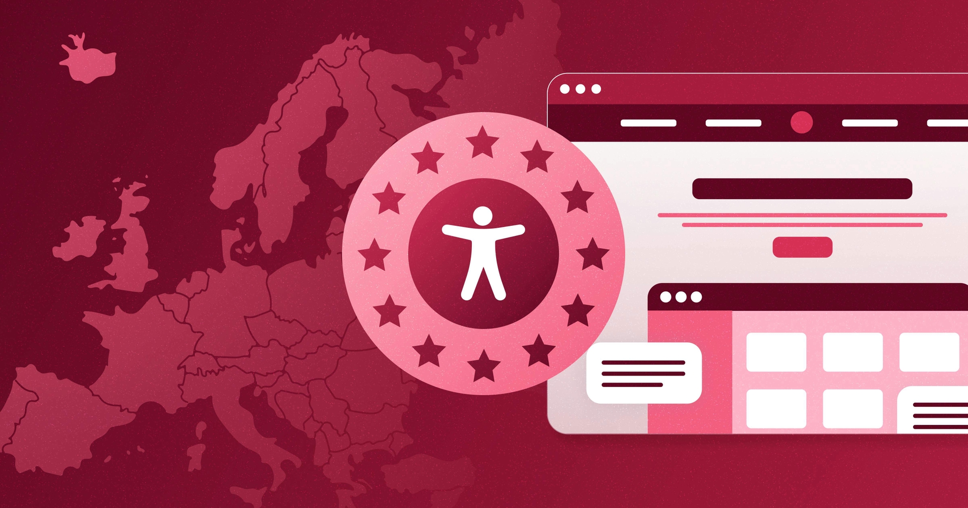 European accessibility symbol in front of a map of Europe and stylized web browser.