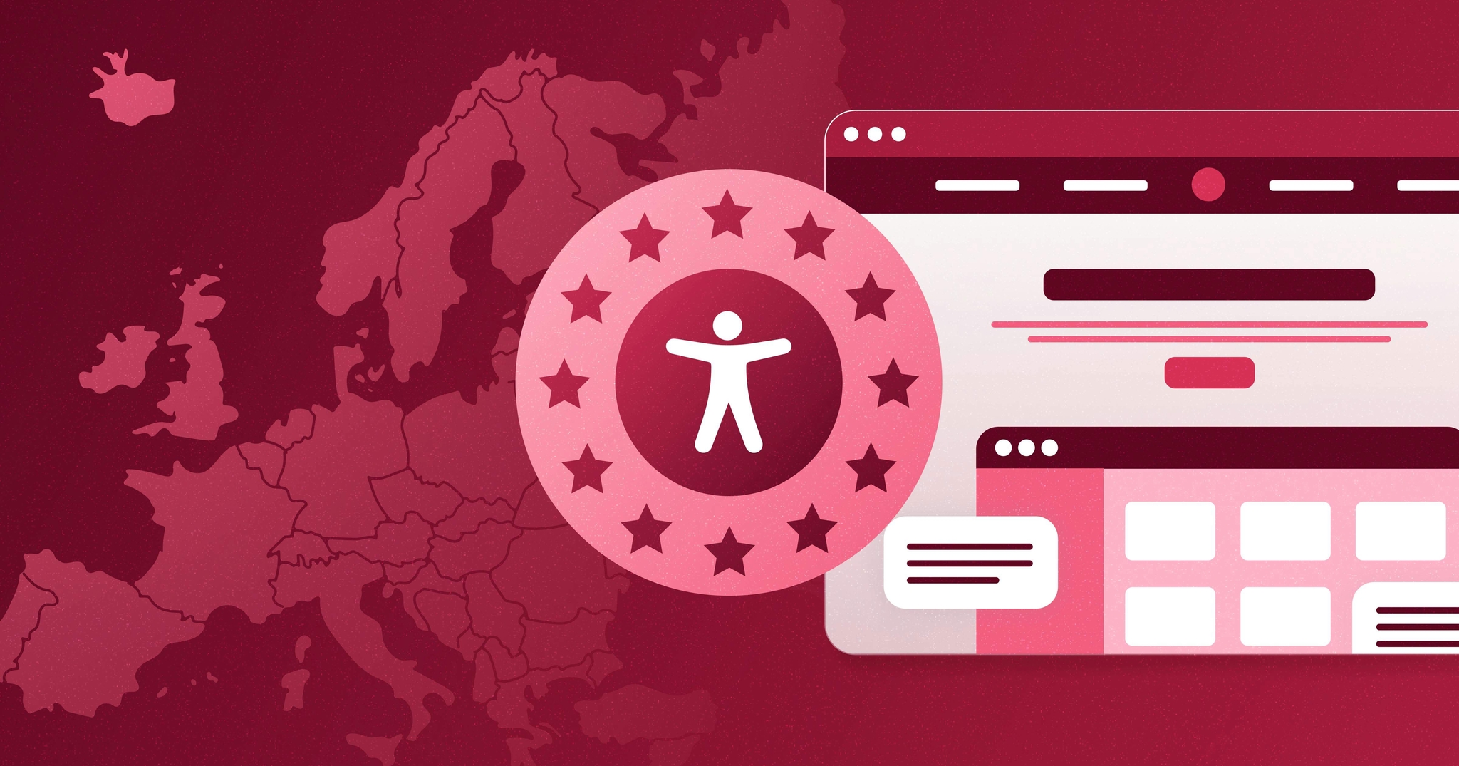 European accessibility symbol in front of a map of Europe and stylized web browser.