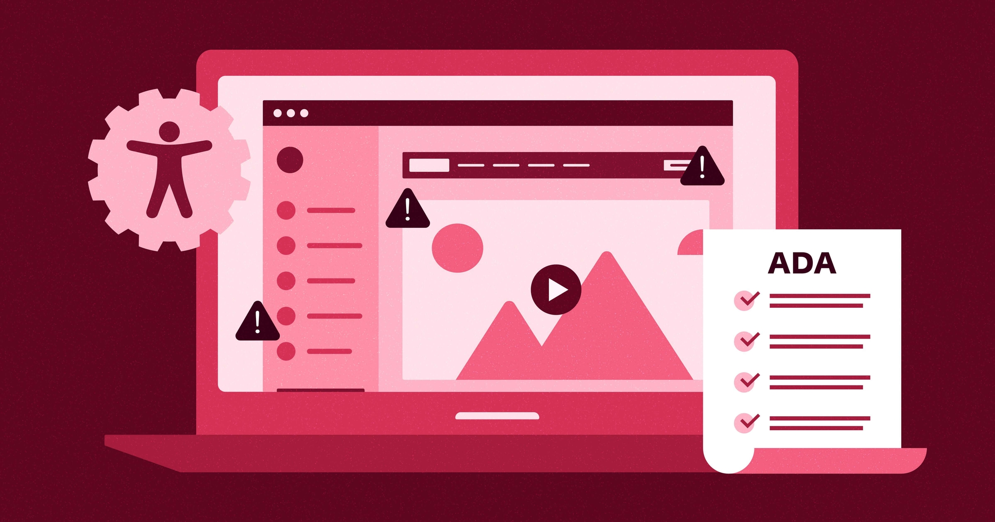 Stylized web browser on a laptop screen with an ADA checklist in the bottom right-hand corner. An accessibility symbol inside a gear is in the top left-hand corner.