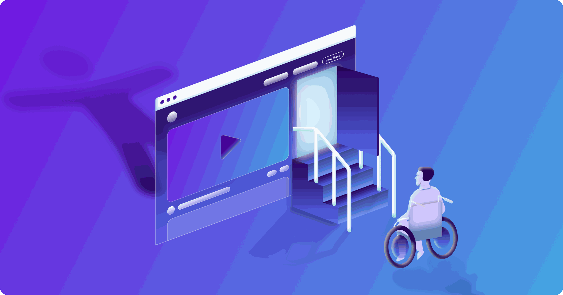 A man in a wheelchair approaches a browser window with an open door and staircase
