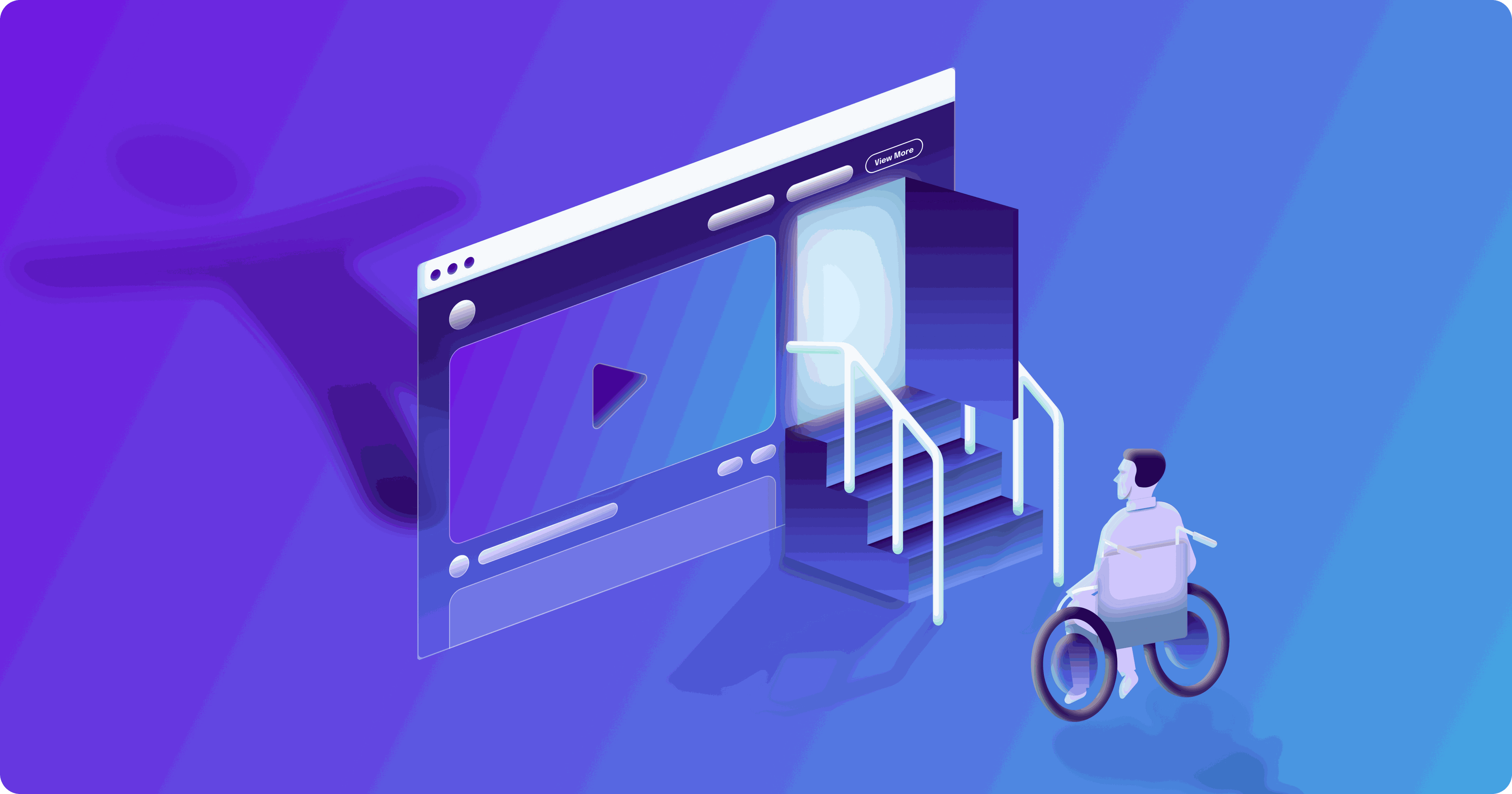 A man in a wheelchair approaches a browser window with an open door and staircase