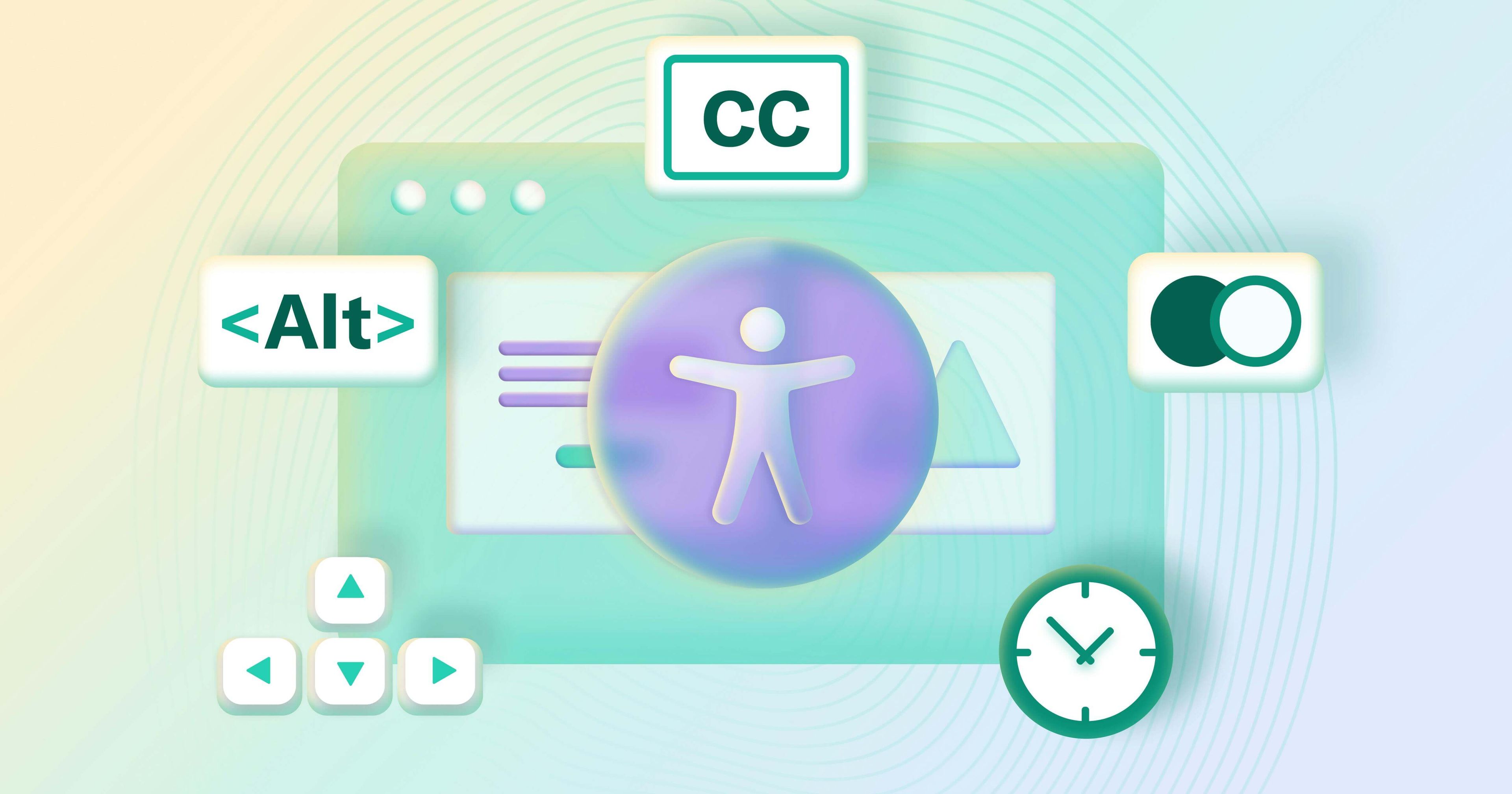 Stilisierter Webbrowser mit Beschriftungen für Alt-Text, Untertitel und Tastaturnavigation
