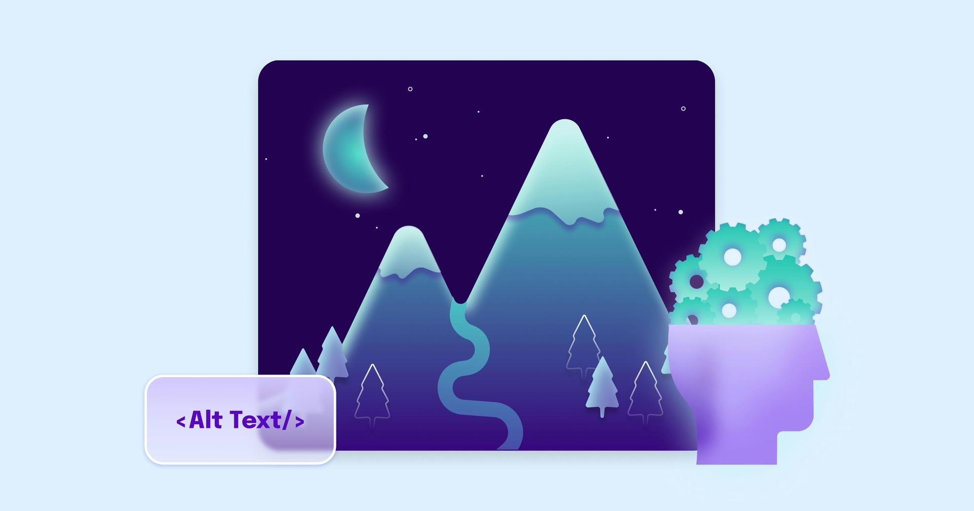 An icon of a head with gears replacing the brain, next to a label that reads "Alt Text" and an image of a mountain.