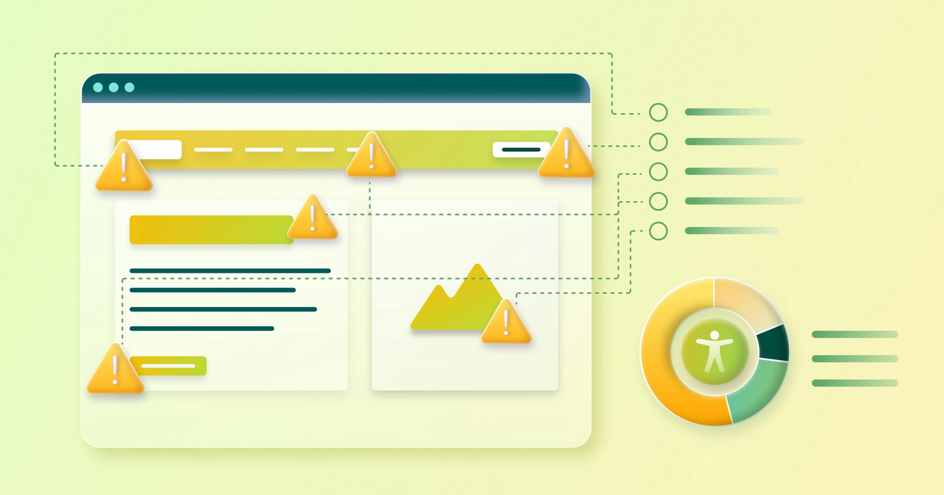 A web browser with a number of icons indicating accessibility issues. In the bottom-right corner, there is an accessibility icon in the center of a pie chart
