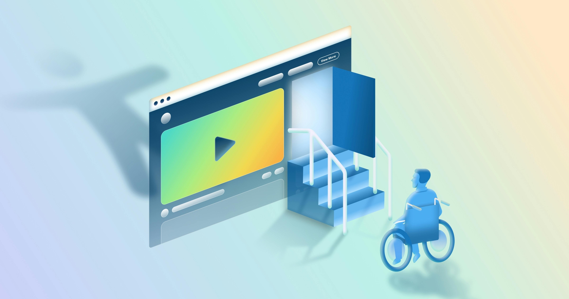 A person in a wheelchair sitting outside a storefront that looks like a video player. The storefront has a set of stairs that the person cannot get up, and there's a faded accessibility icon behind the store