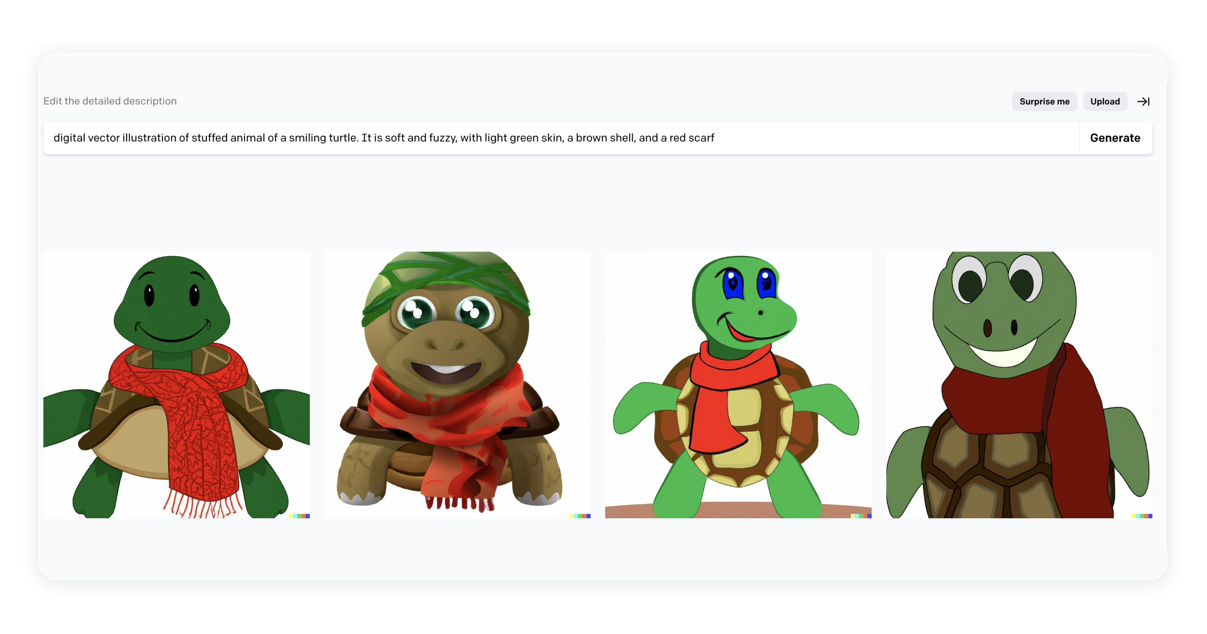 Cartoonish drawings of turtles wearing red scarves, under a search field with the phrase "A stuffed animal of a smiling turtle. It is soft and fuzzy, with light green skin, a brown shell, and a red scarf."
