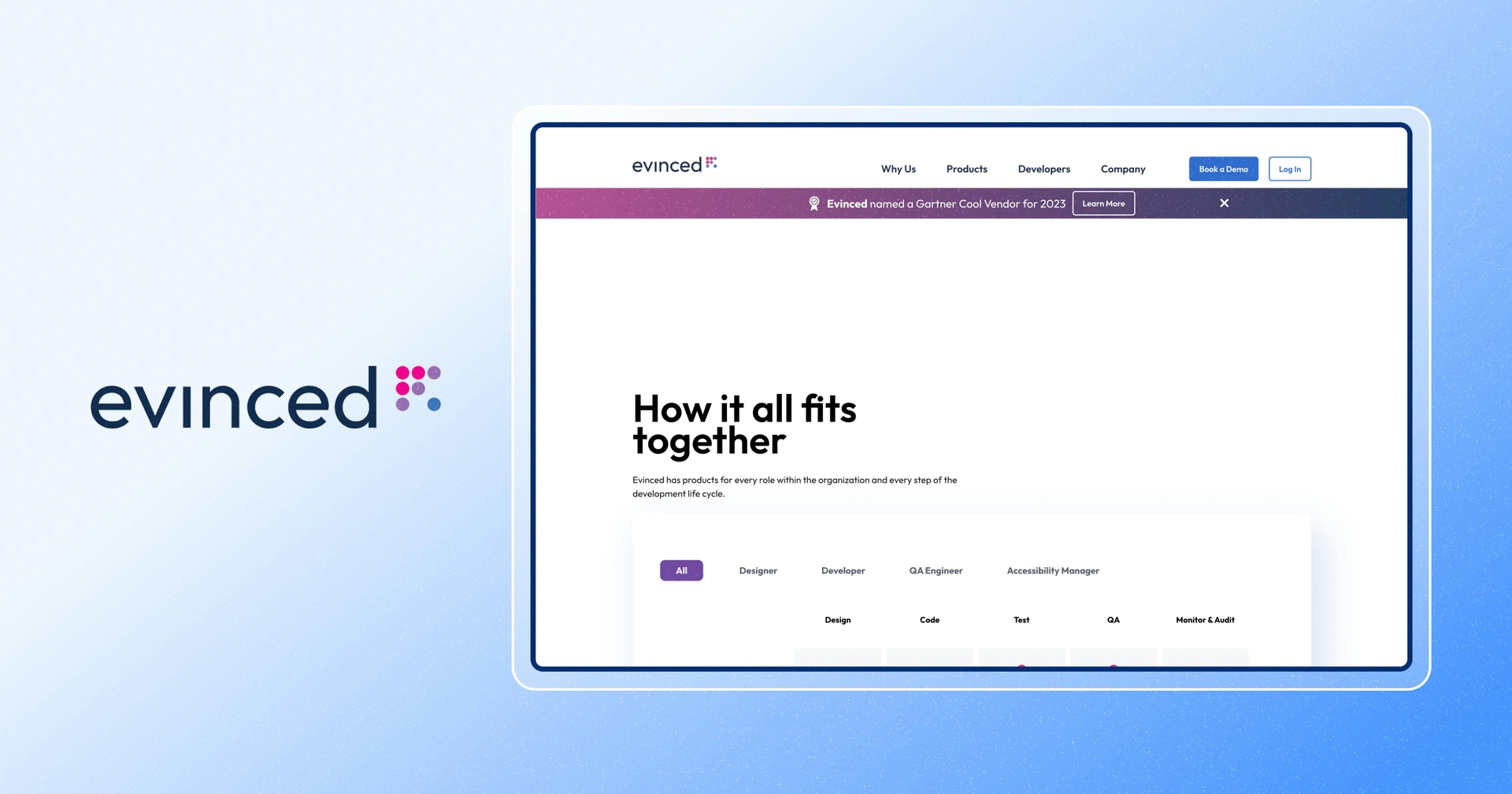 Screenshot of Evinced homepage with Evinced logo next to it.