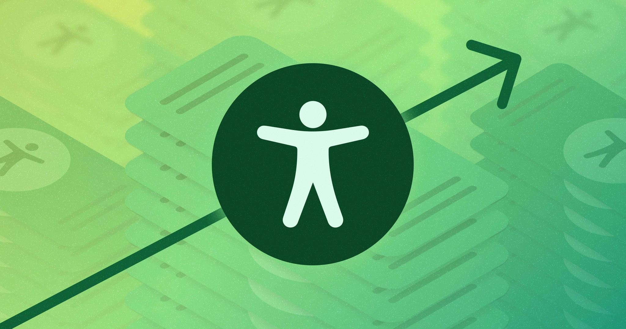 A dark green accessibility symbol with an arrow going through it up and to the right, superimposed on a background of stylized dollar bills.