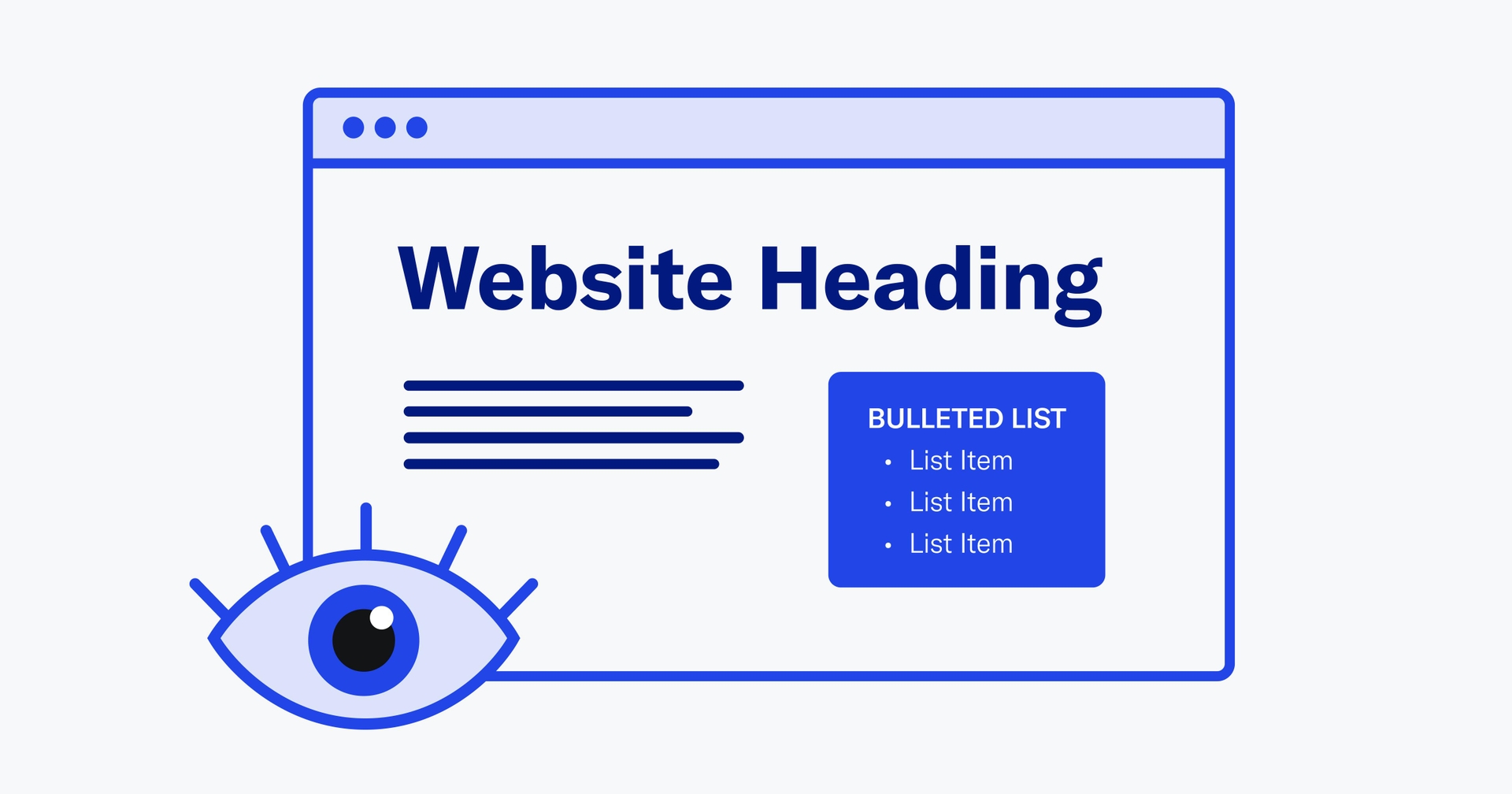 Webpage with the header "Website Heading" showing text and a Bulleted List with an eye icon