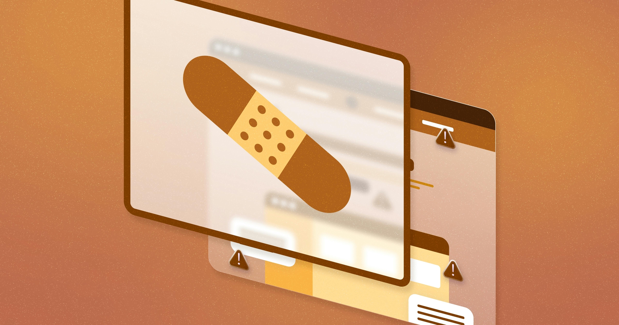 A bandaid is shown over a blank screen. The bandaid and blank screen are blocking a computer screen with many error messages.