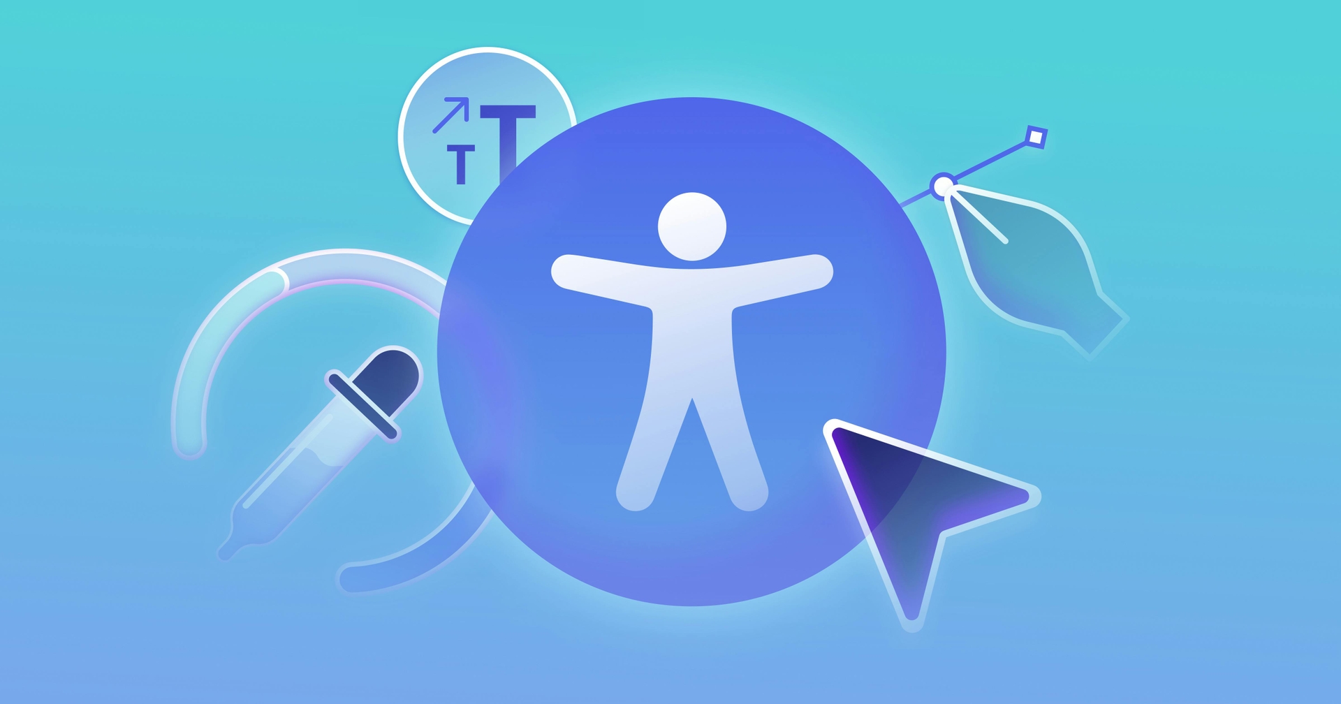 An accessibility icon, surrounded by icons of an eyedropper, a cursor, and large text
