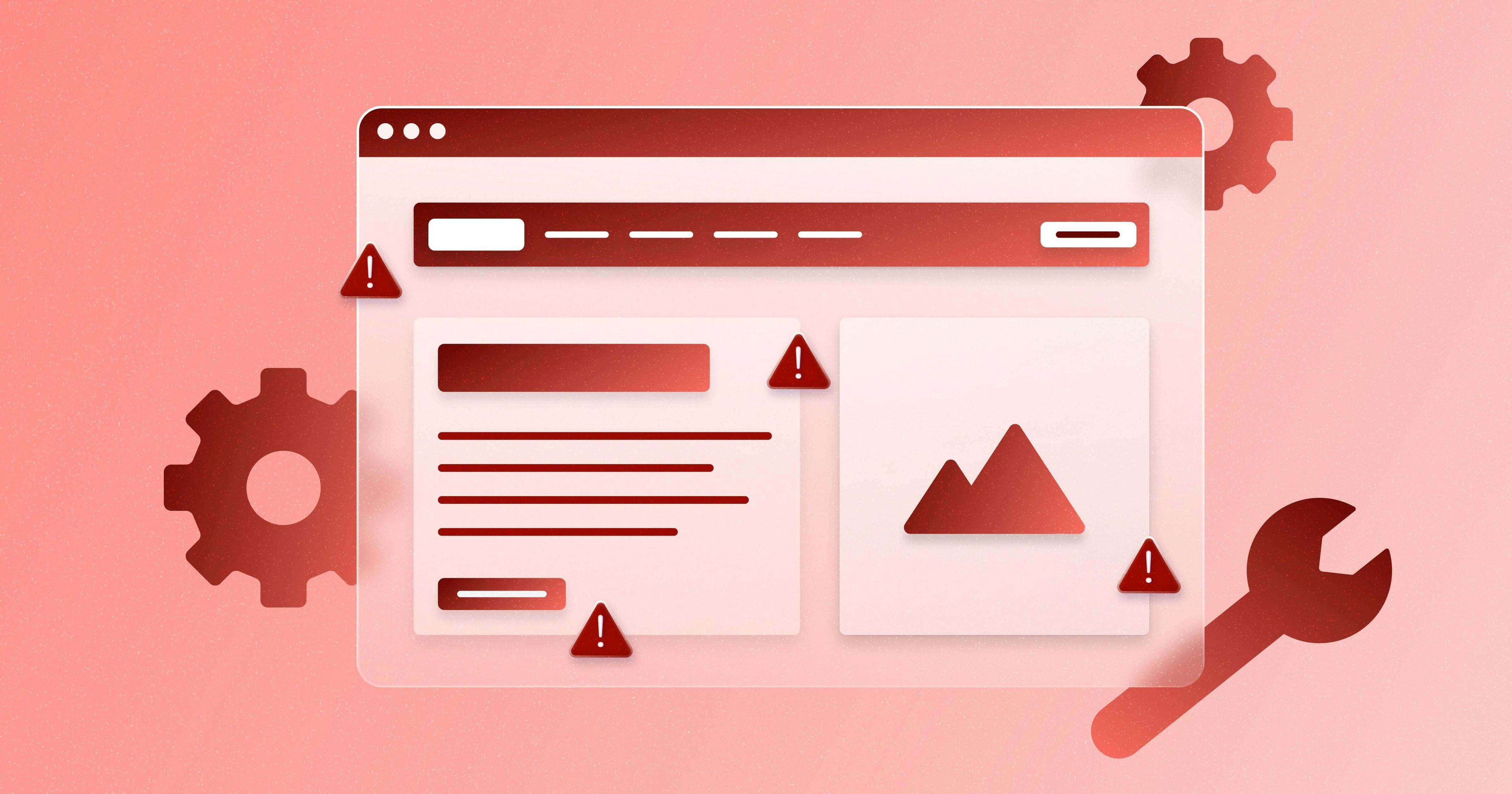 A stylized web browser with a number of accessibility issues highlighted by red exclamation points, next to icons of a wrench and some gears