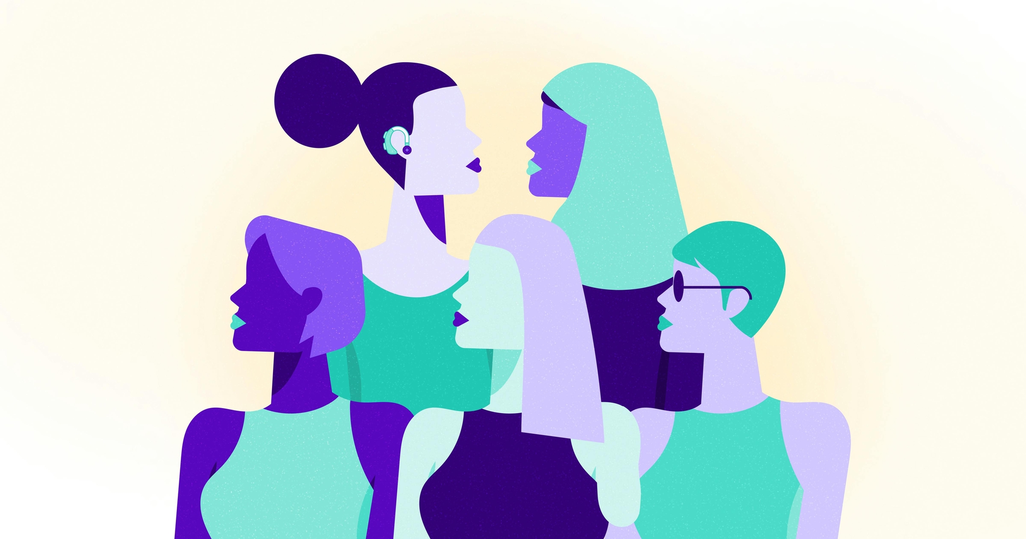 A stylized drawing of five women standing together. One woman has a hearing aid, another is missing a limb, and a third is wearing dark glasses.