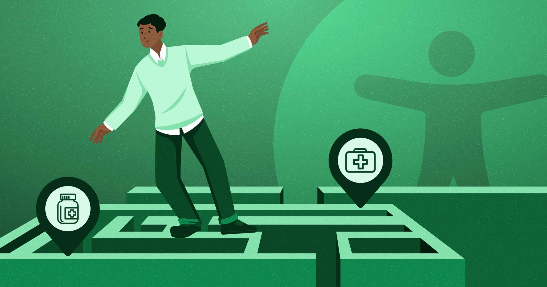 Young man balancing on top of a maze. An icon of a first-aid kit is behind him and one of a medicine bottle is in front of him. The accessibility symbol sits slightly behind the maze.