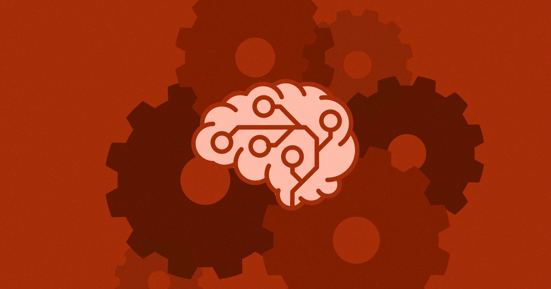 Icon of a brain in front of numerous gear shafts against a dark red background.