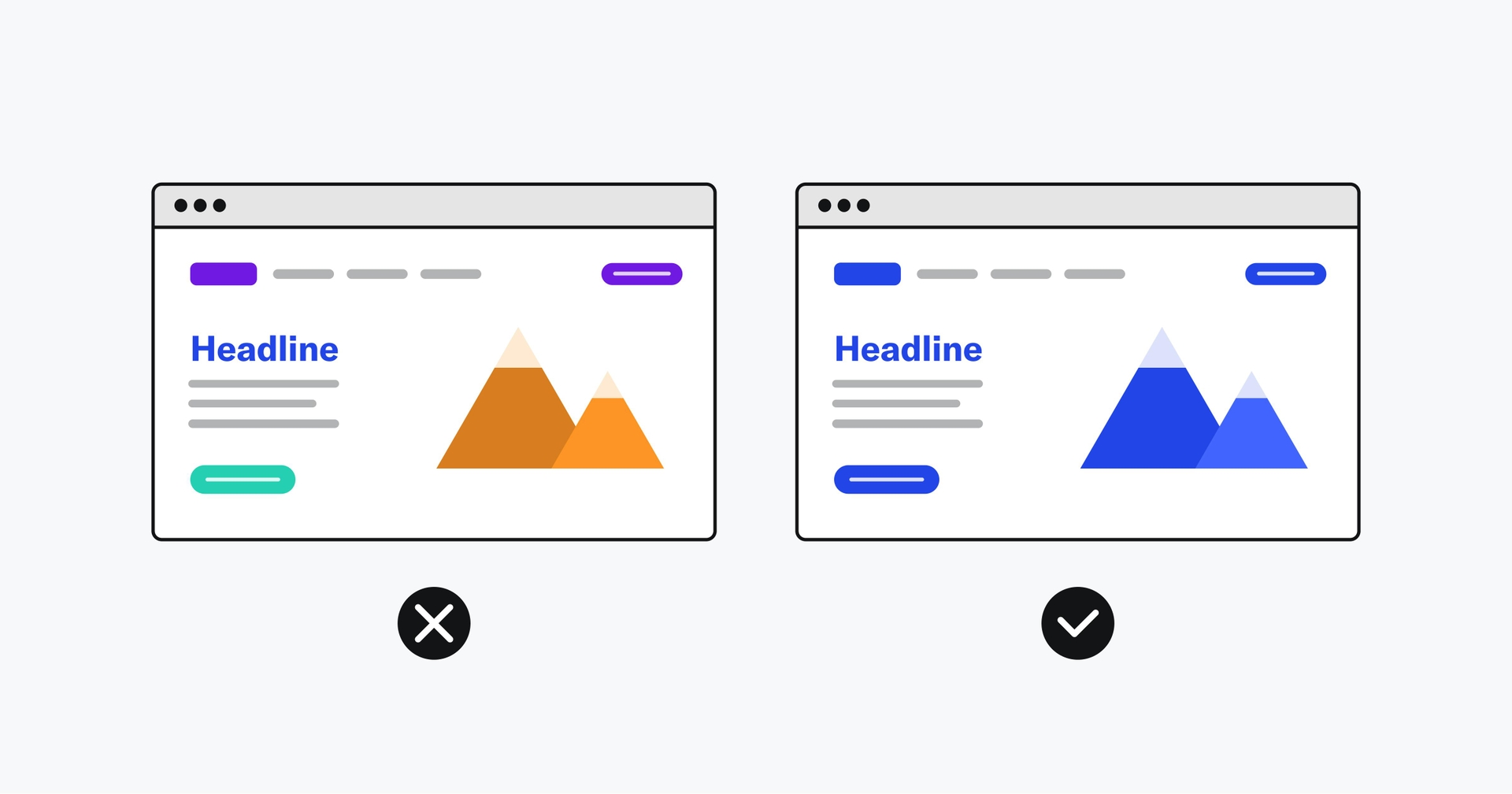 Stylized versions of the same web page. One version has a lot of different colors, the other version is all blue.