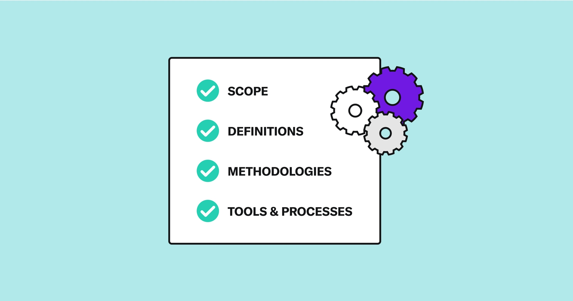 A list reads, "scope, definitions, methodologies, and tools & processes." A grouping of three gears is shown in the top corner.