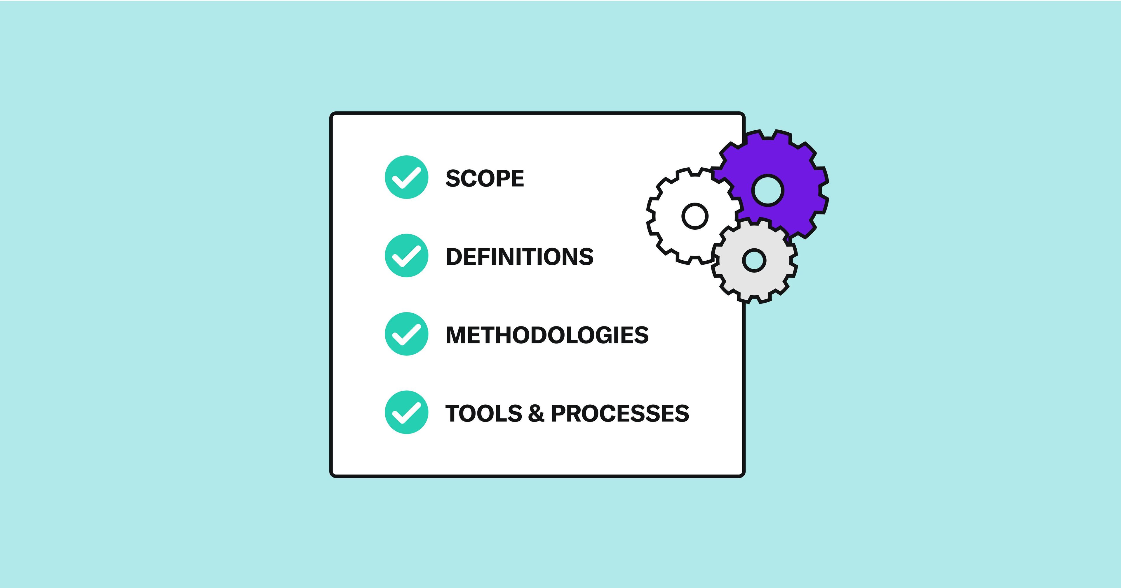 A list reads, "scope, definitions, methodologies, and tools & processes." A grouping of three gears is shown in the top corner.