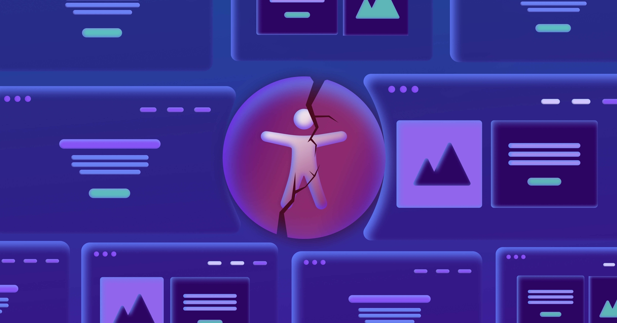 A collection of websites, with a red accessibility icon in the center that has a crack through the middle