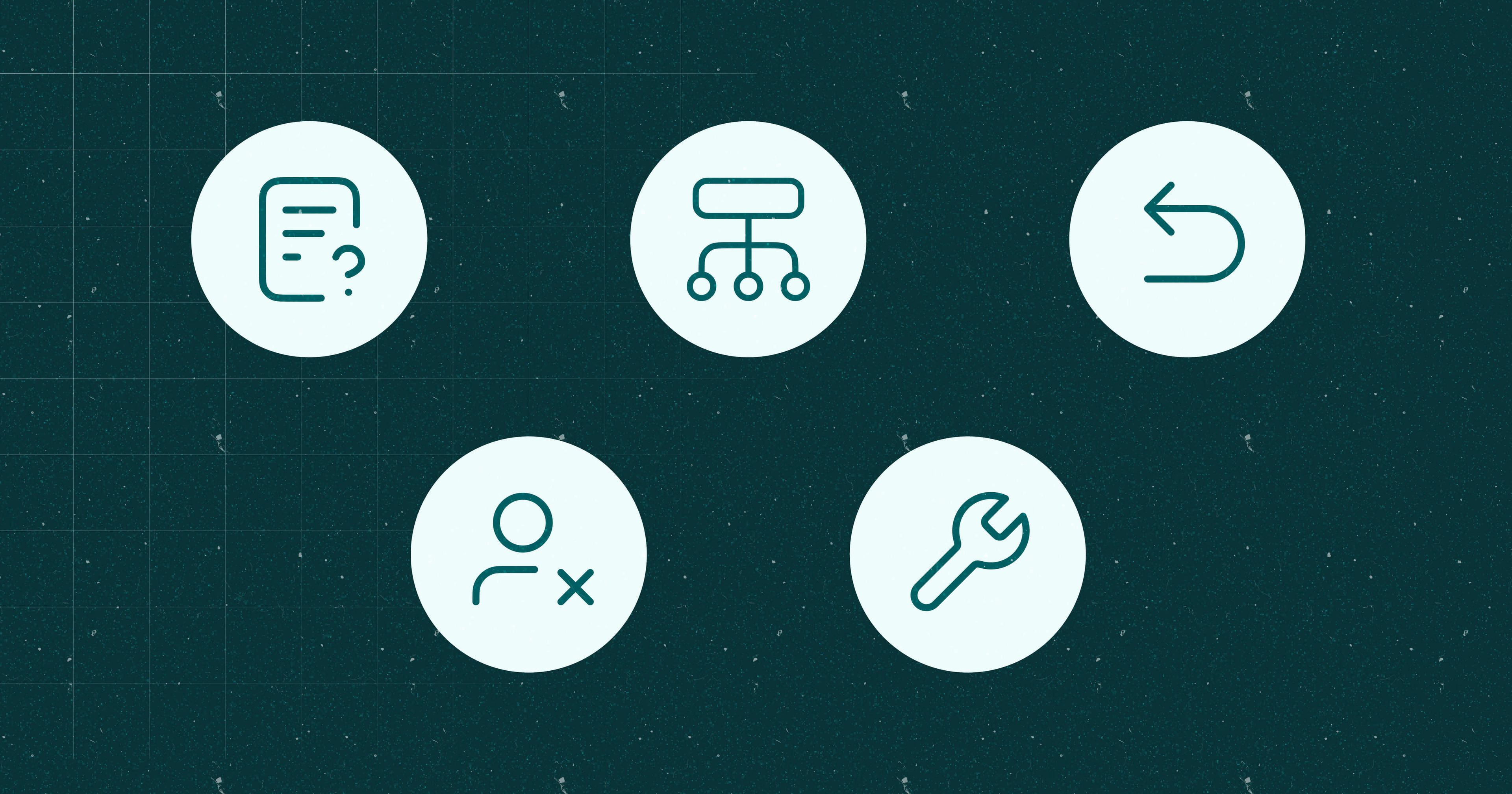 A series of five icons representing some of the challenges that can make it hard for enterprise teams to scale accessibility