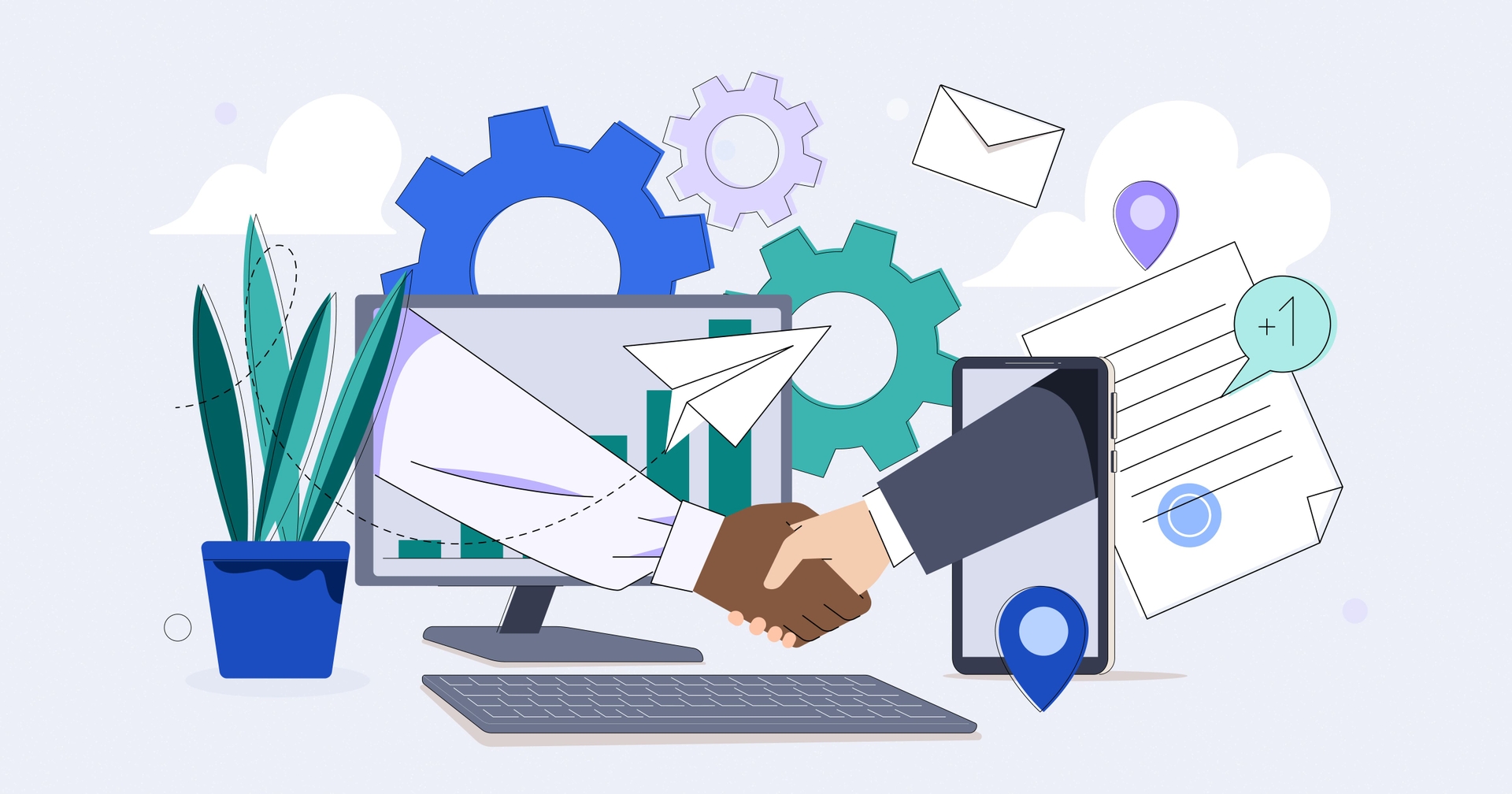 Illustration of two hands shaking over a desk with a computer, gears, plant, and icons representing communication and data.