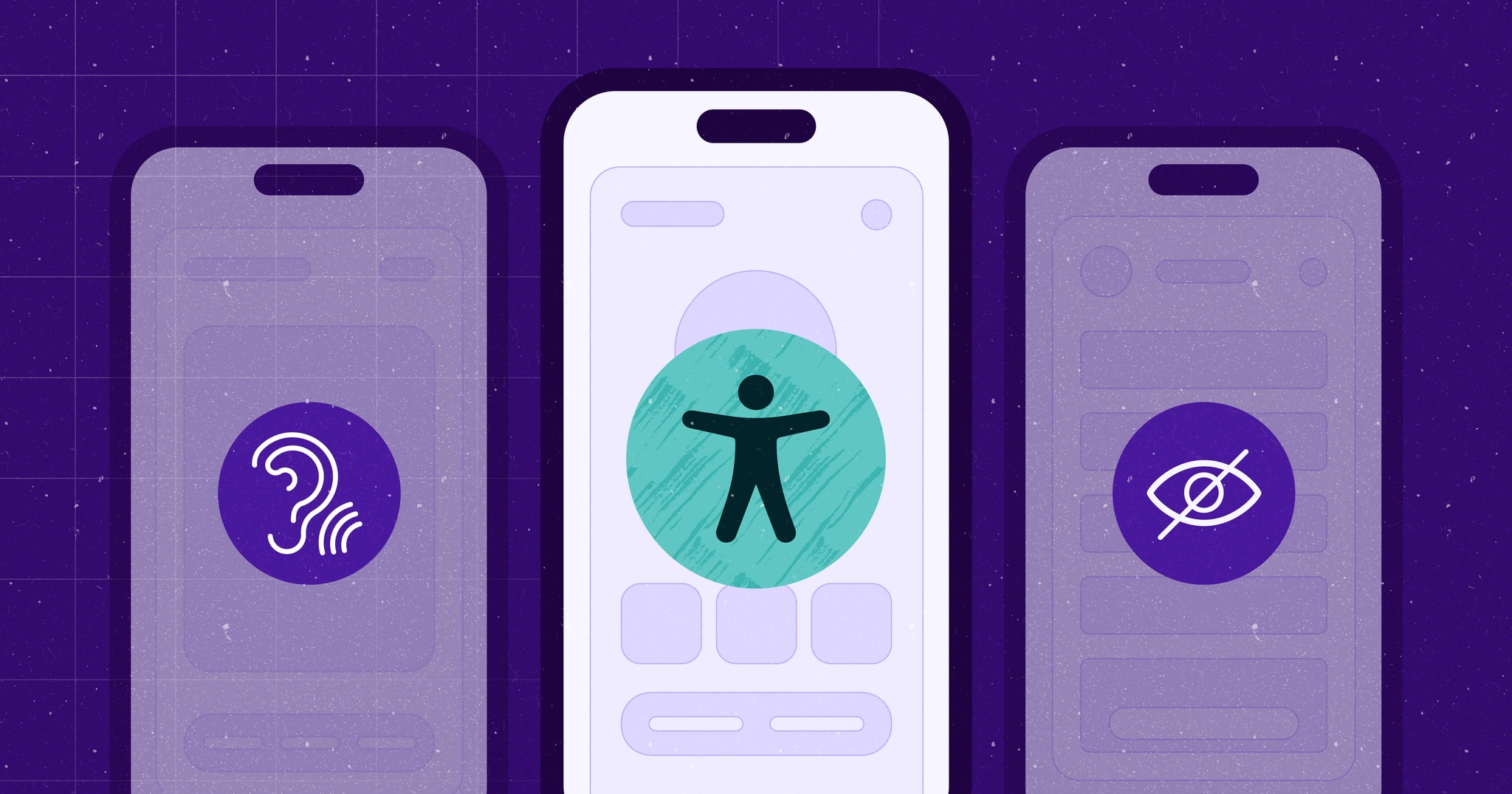 Three mobile phones showing stylized web browsers and an accessibility icon against a deep purple background.