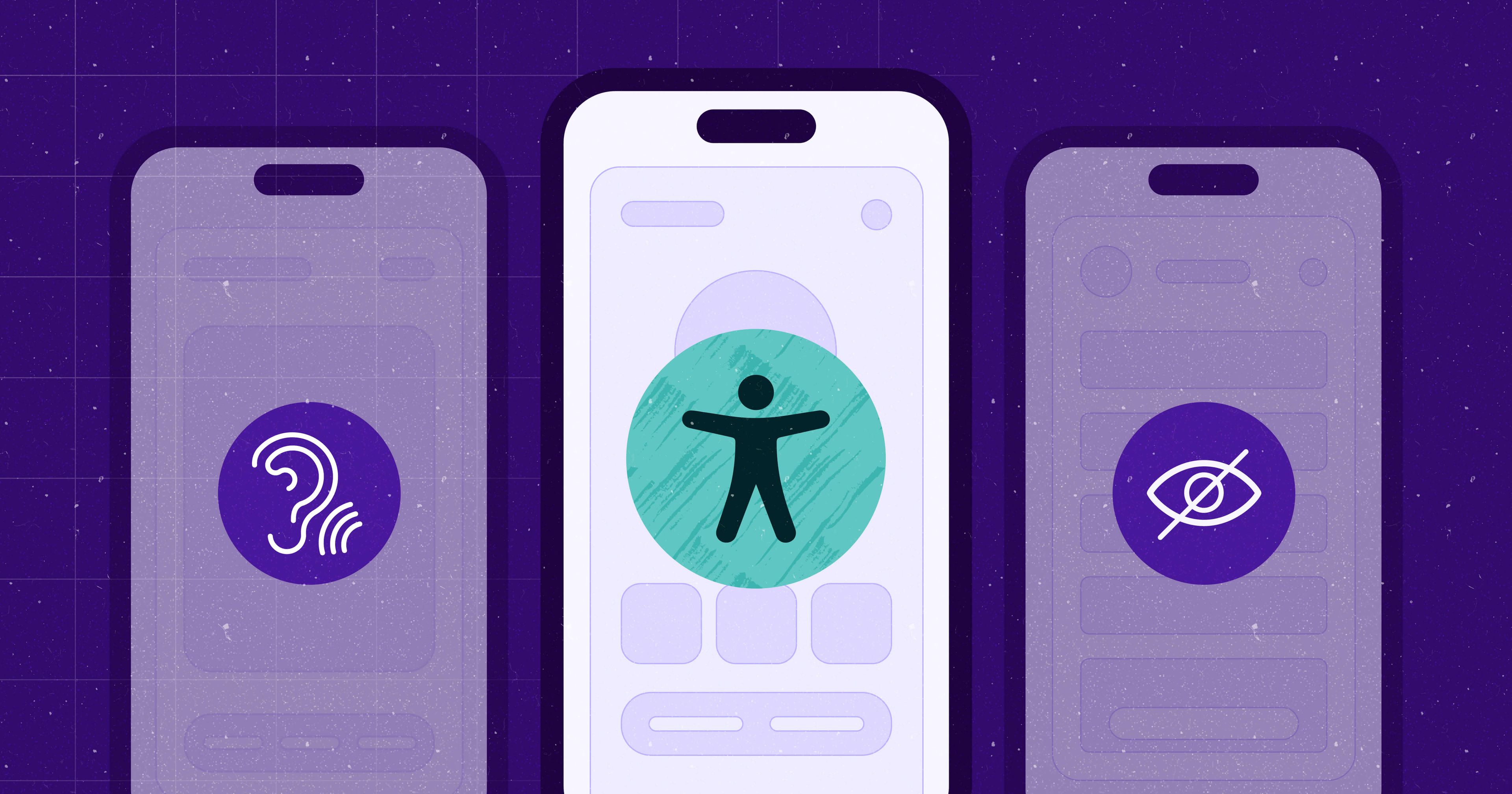 Three mobile phones showing stylized web browsers and an accessibility icon against a deep purple background.