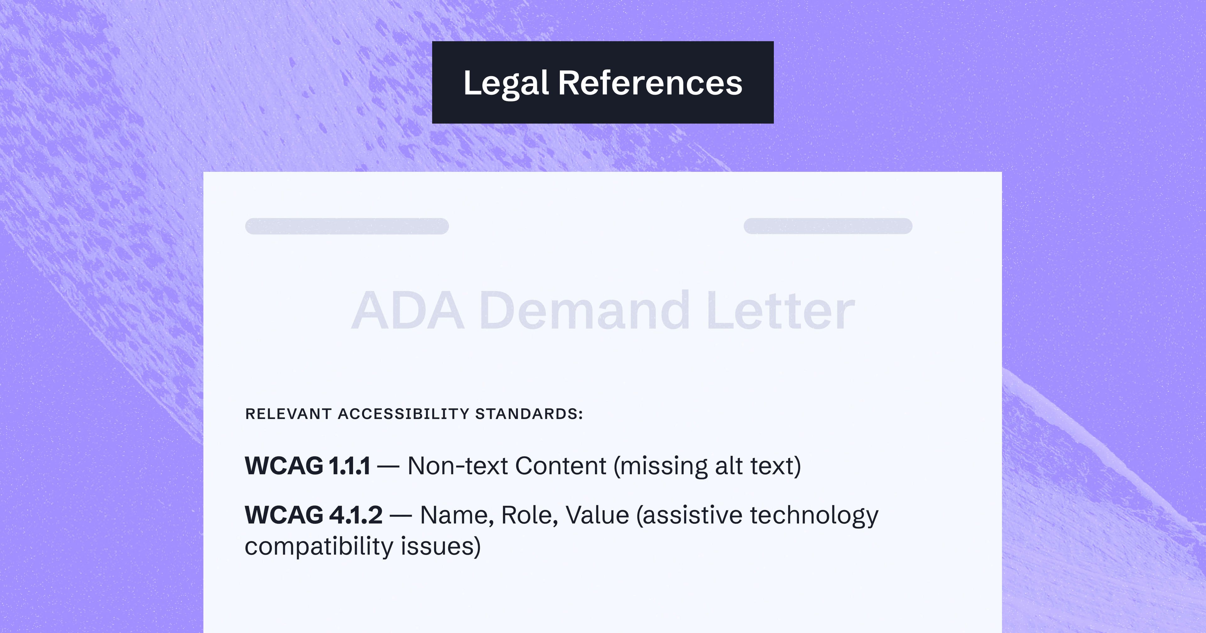 Text reading: 'Legal References' over an ADA Demand Letter that has a list of WCAG violations.