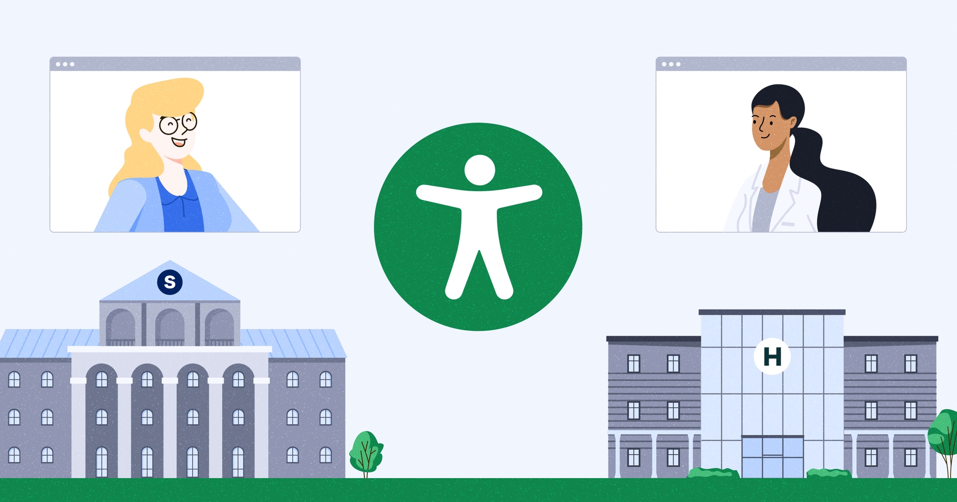 Two professionals in video call windows above a university and hospital, with an accessibility symbol in the center.