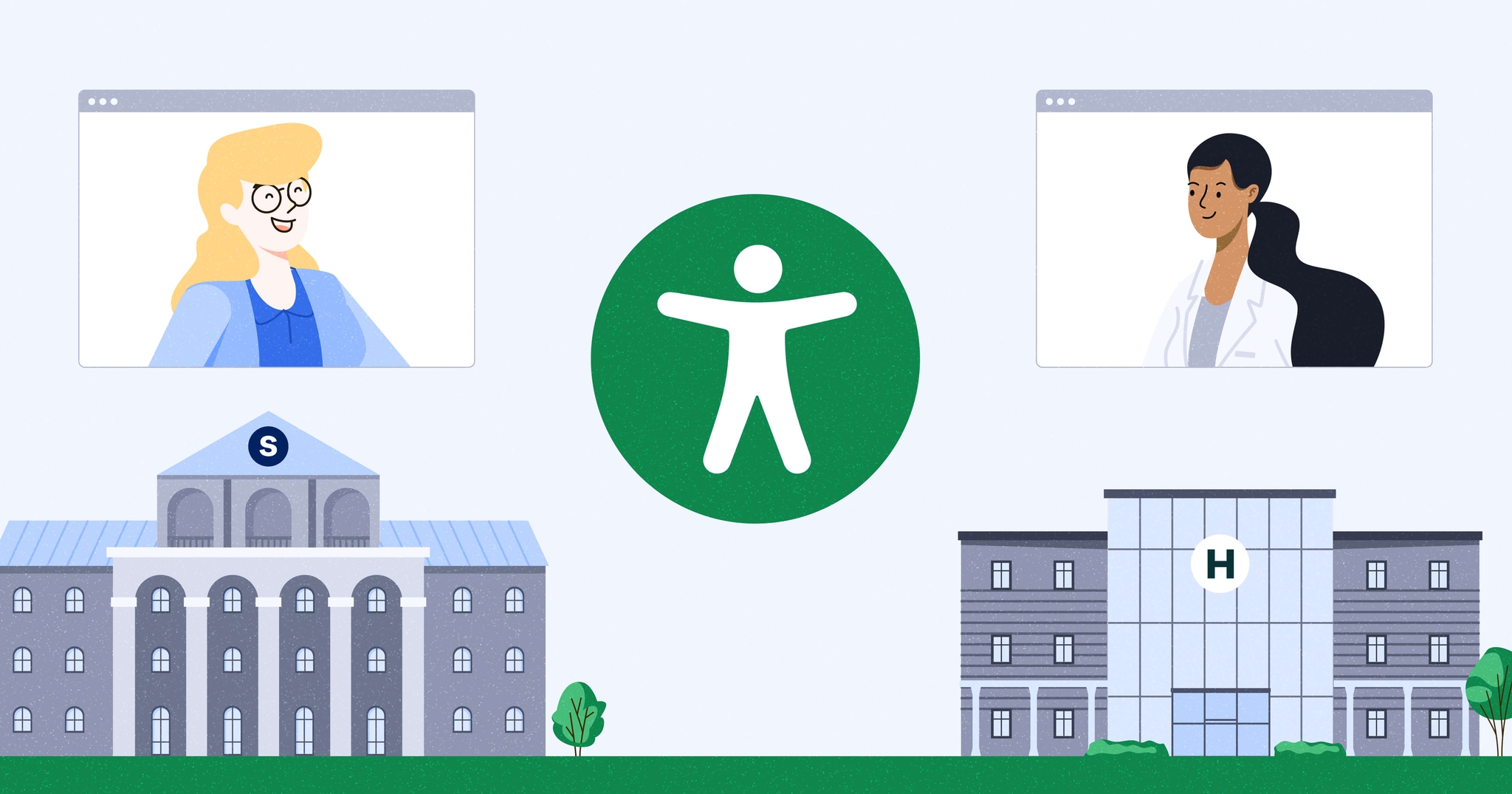 Two professionals in video call windows above a university and hospital, with an accessibility symbol in the center.