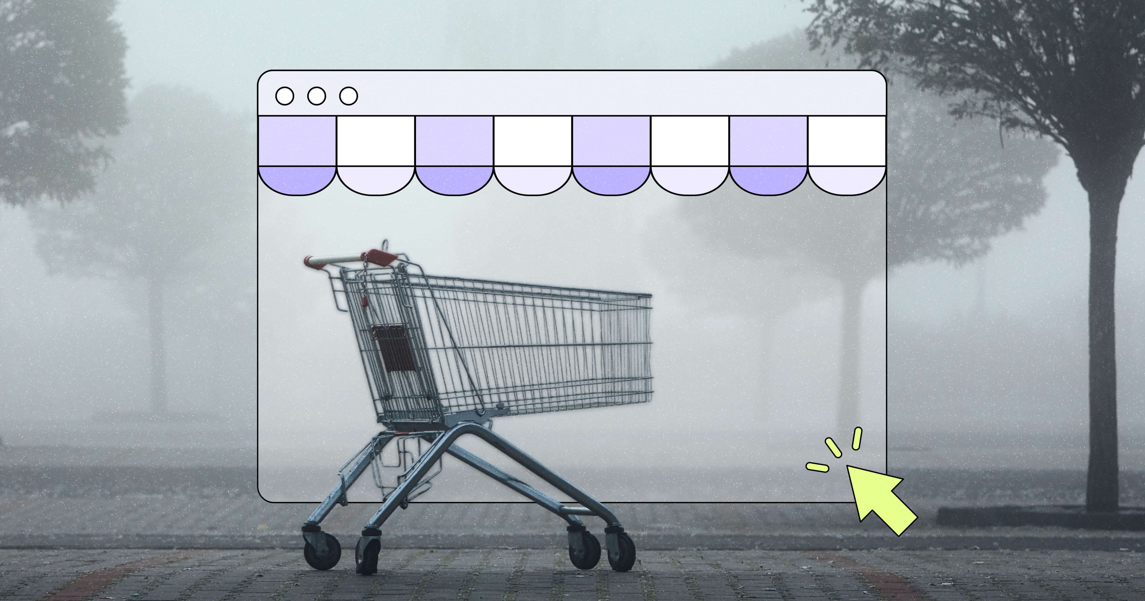 A shopping cart sits alone on a foggy, misty street, framed inside an illustrated browser window with a purple scalloped storefront awning. A yellow cursor arrow points toward the bottom right corner of the browser frame.