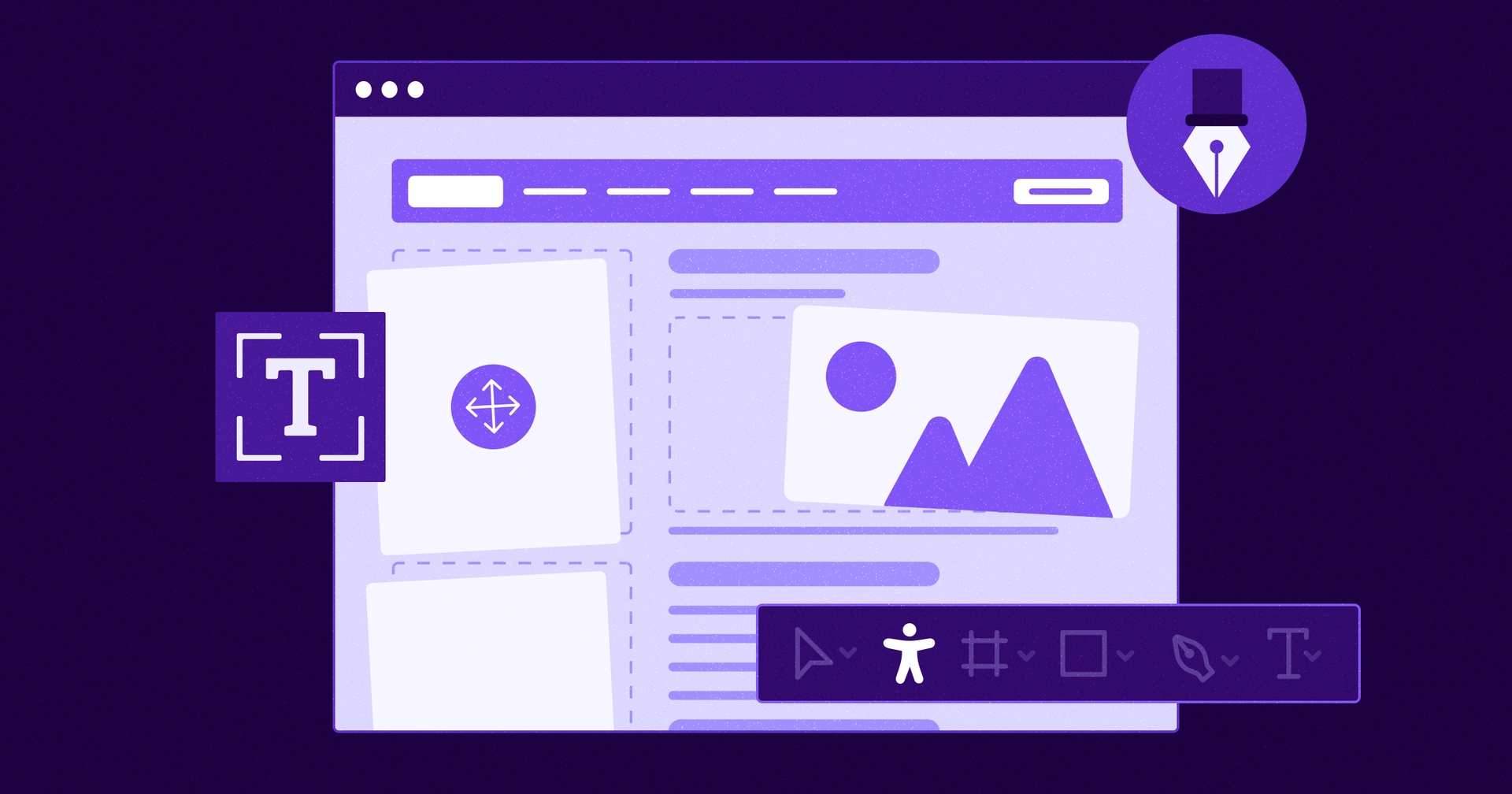 Stylized web browser with various design icons surrounding the screen. The accessibility symbol is in a toolbar in the bottom right.