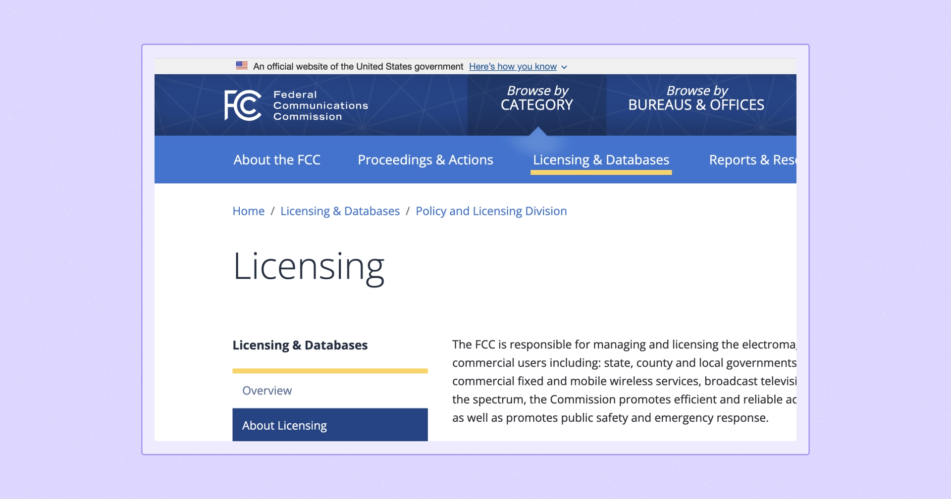 Zoomed in screenshot of the Federal Communications Commission licensing page showing use of breadcrumbs.