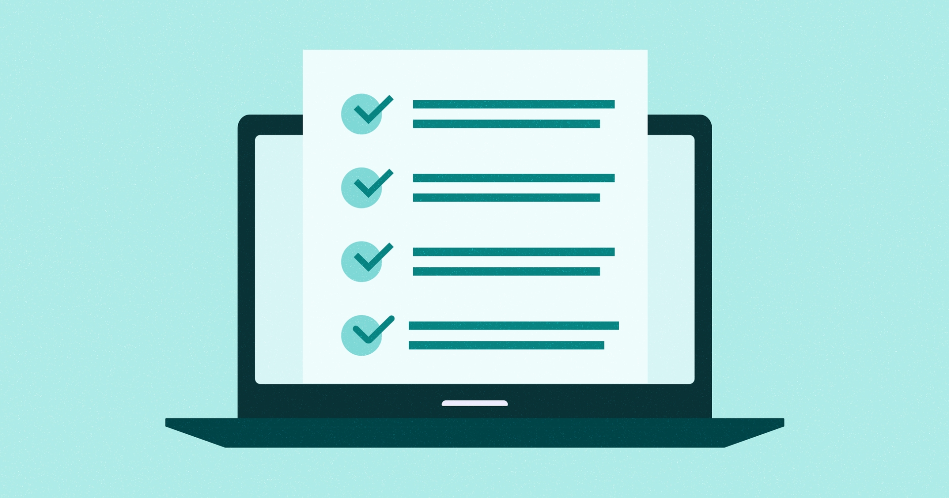 Illustration of a woman holding a pen, pondering a checklist displayed on a laptop screen, with an accessibility symbol in the background.