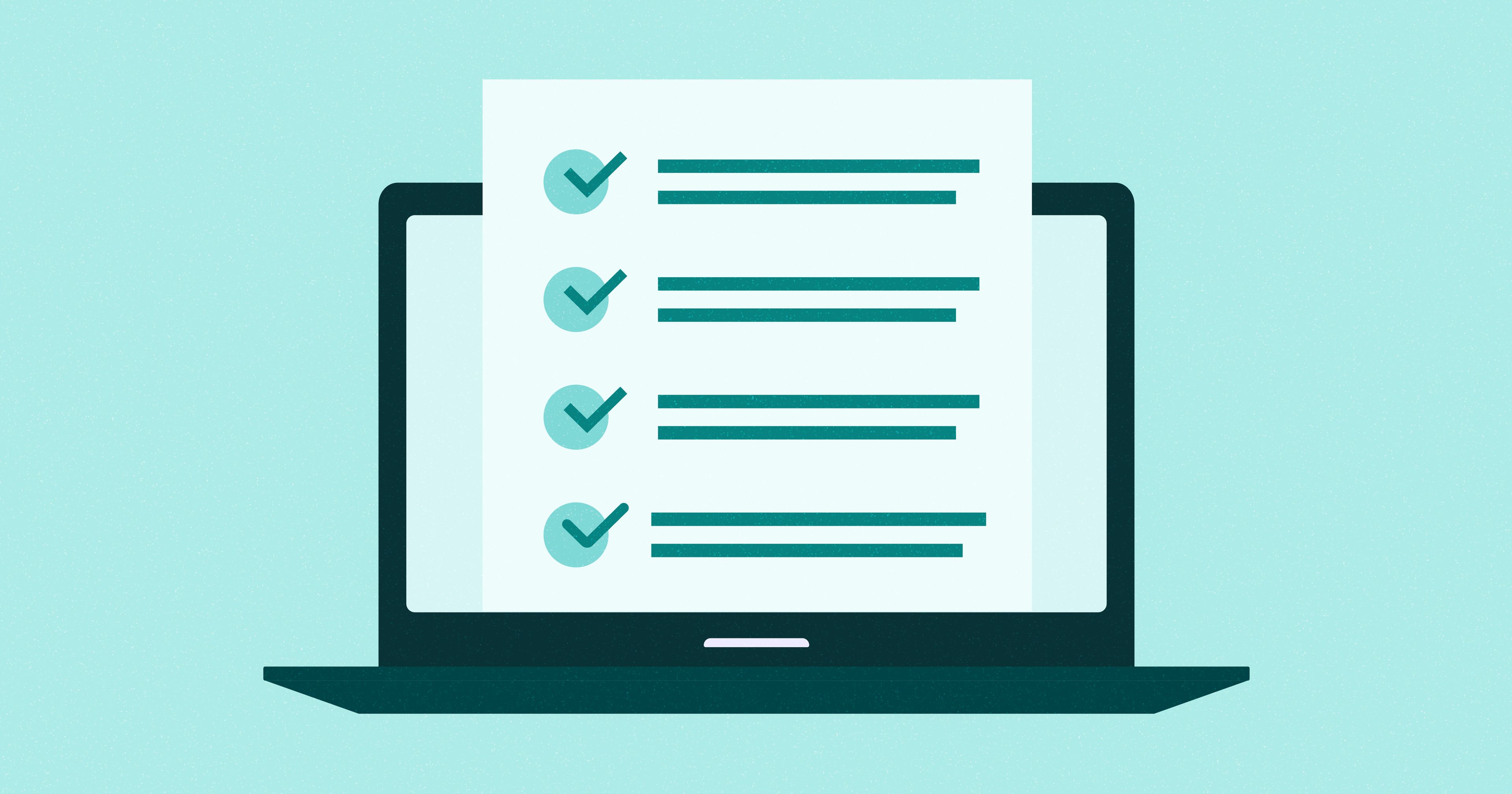 Illustration of a woman holding a pen, pondering a checklist displayed on a laptop screen, with an accessibility symbol in the background.