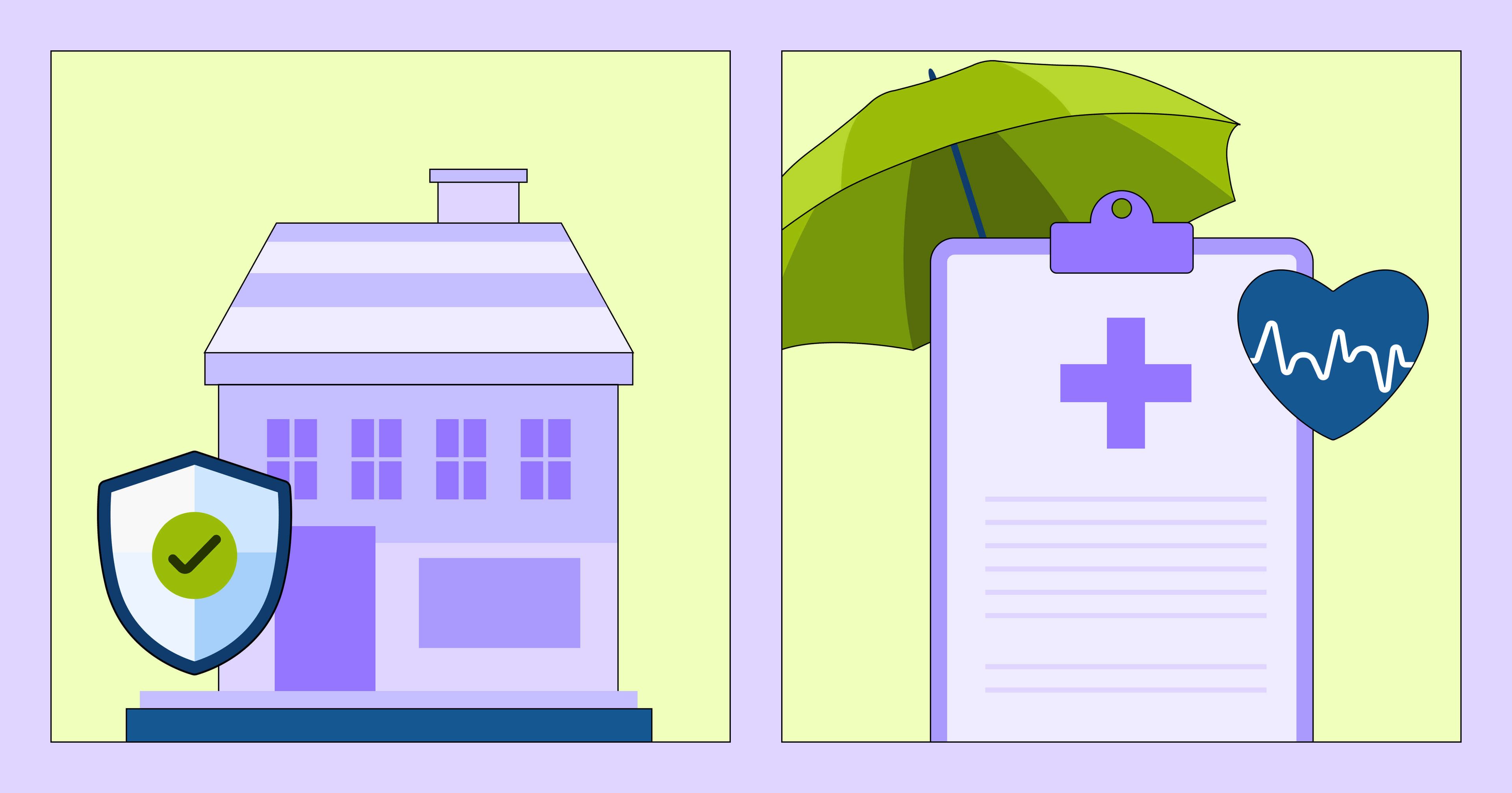 Two panels, one showing a house with a shield in front of it and a stylized healthcare document with an umbrella over it.