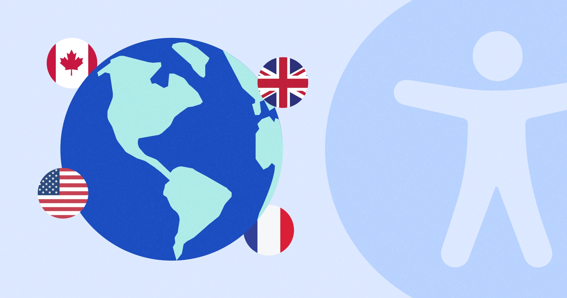 Globe icon with Canadian, European, American, and French flag surrounding it next to a large accessibility symbol.