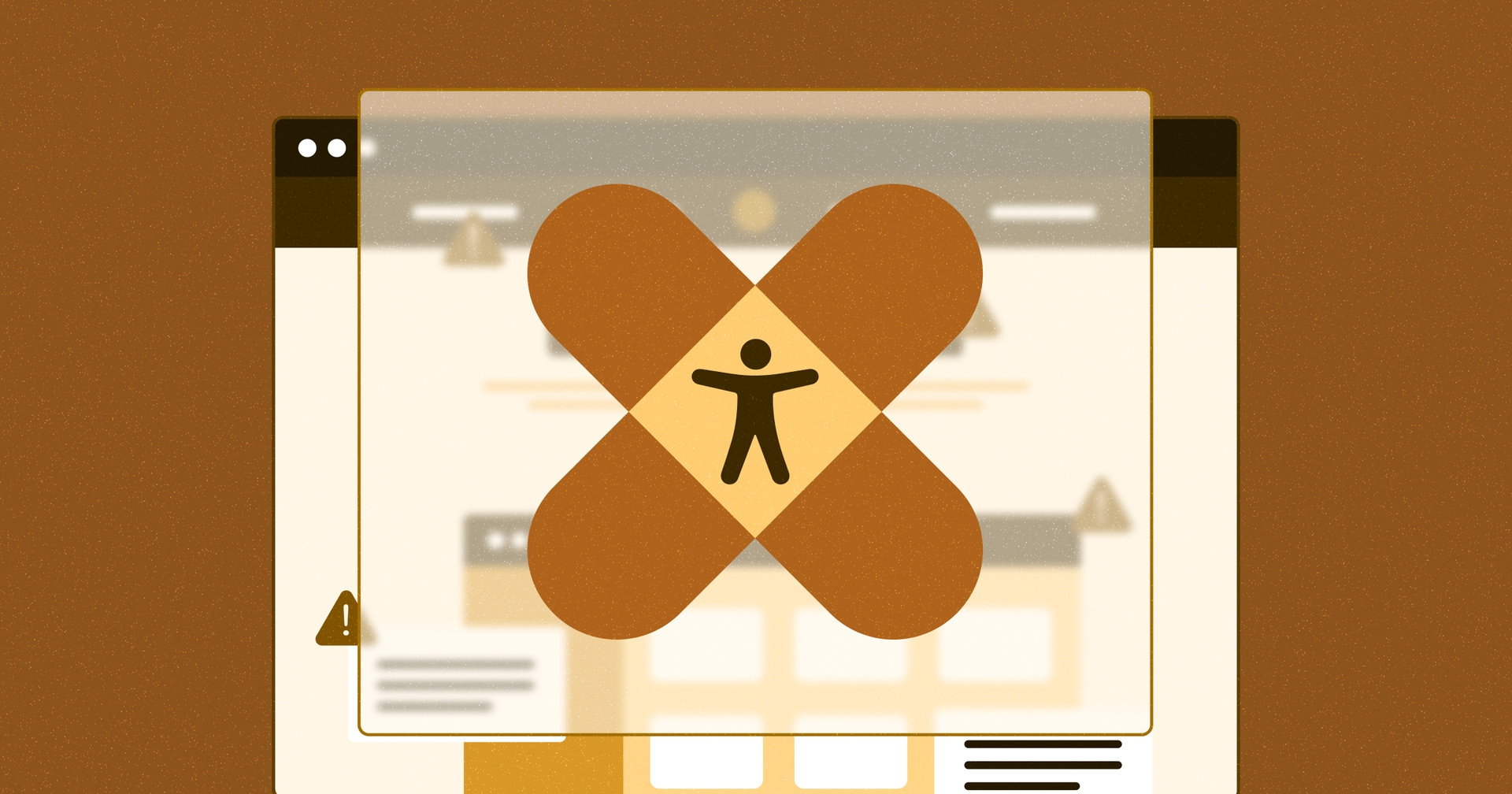 Stylized web browser with an additional screen on top of it. Two bandaids are crossed overtop of the screen with the accessibility symbol in the middle.