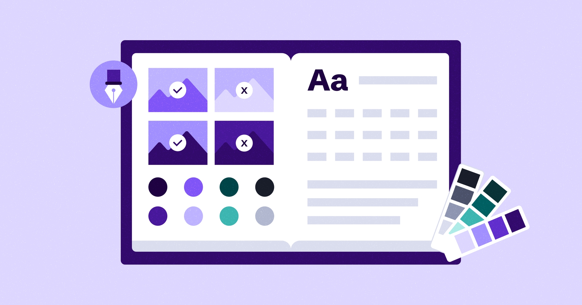 Illustration of a design system with image thumbnails, color palette, and typography samples on a purple background.