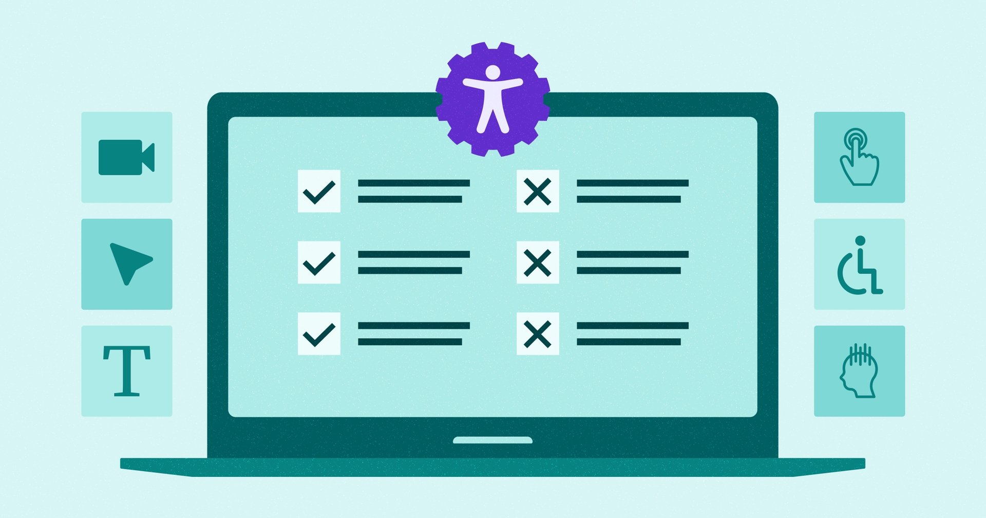 Open laptop showing a checklist with items checked or crossed out with a purple gear shaft with the accessibility symbol at the top. Various design icons surround the laptop.
