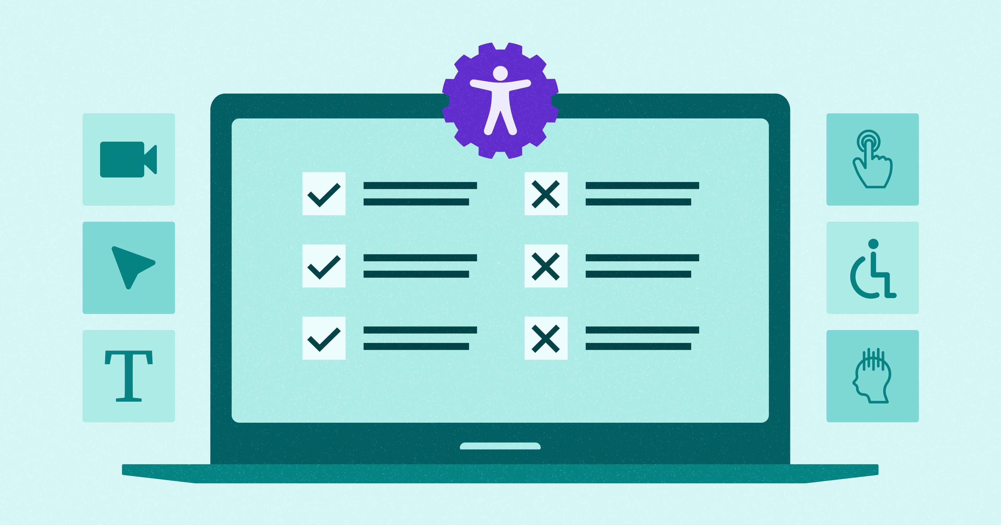 Open laptop showing a checklist with items checked or crossed out with a purple gear shaft with the accessibility symbol at the top. Various design icons surround the laptop.